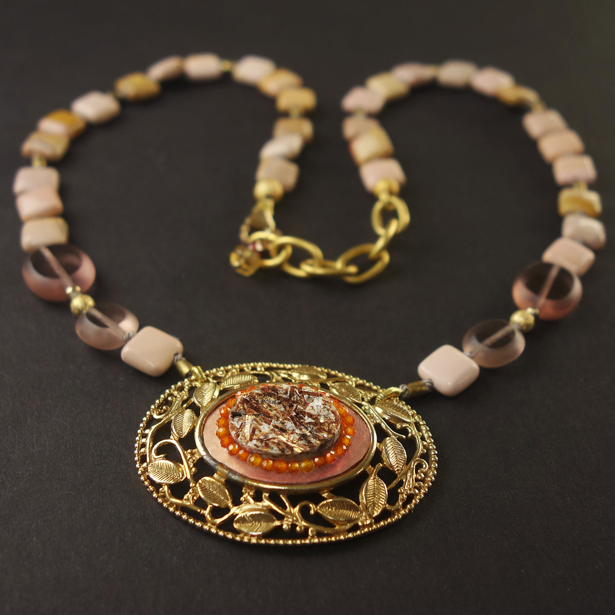 Consequently, She Bloomed: vintage gold, pink opal, carnelian mosaic necklace