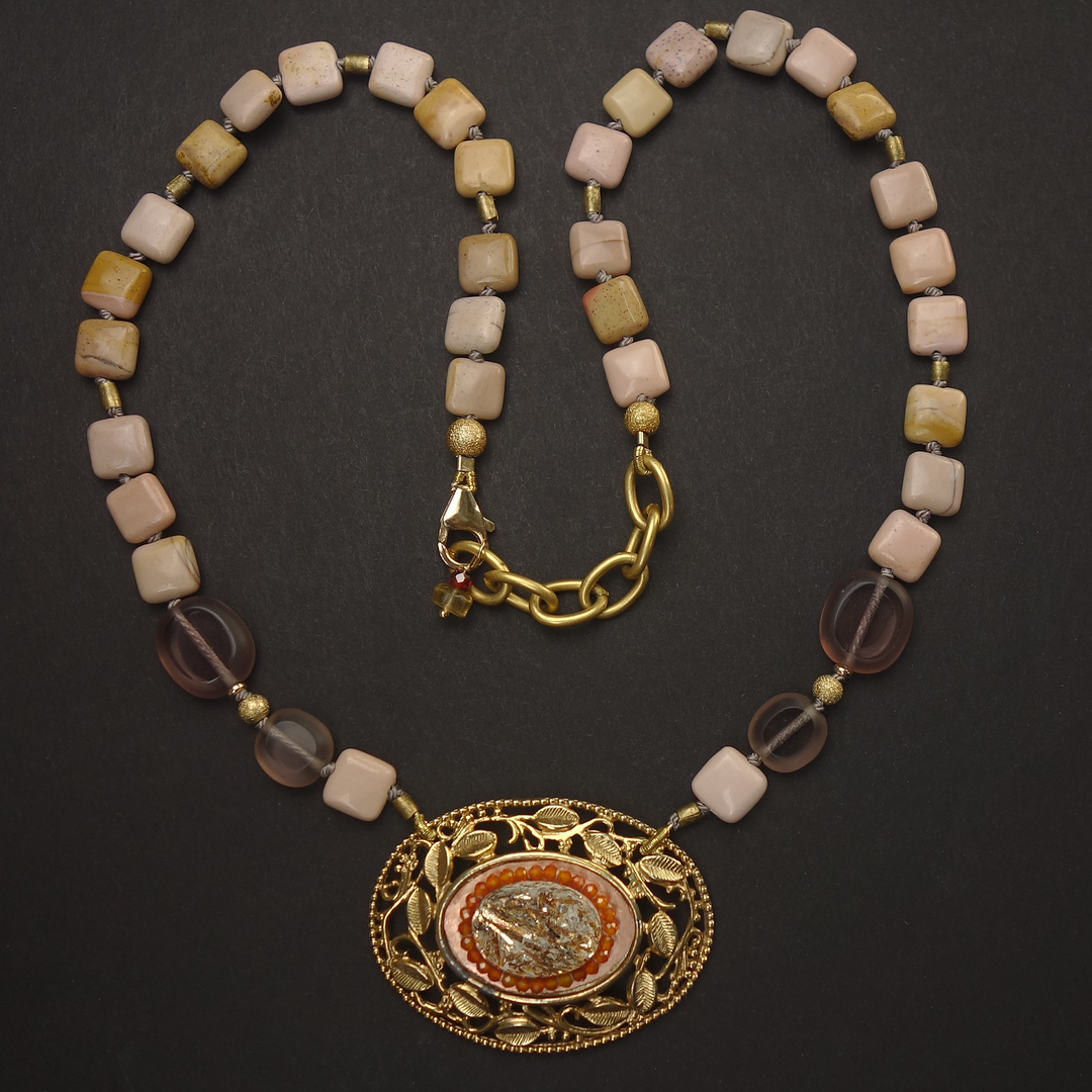 Consequently, She Bloomed: vintage gold, pink opal, carnelian mosaic necklace