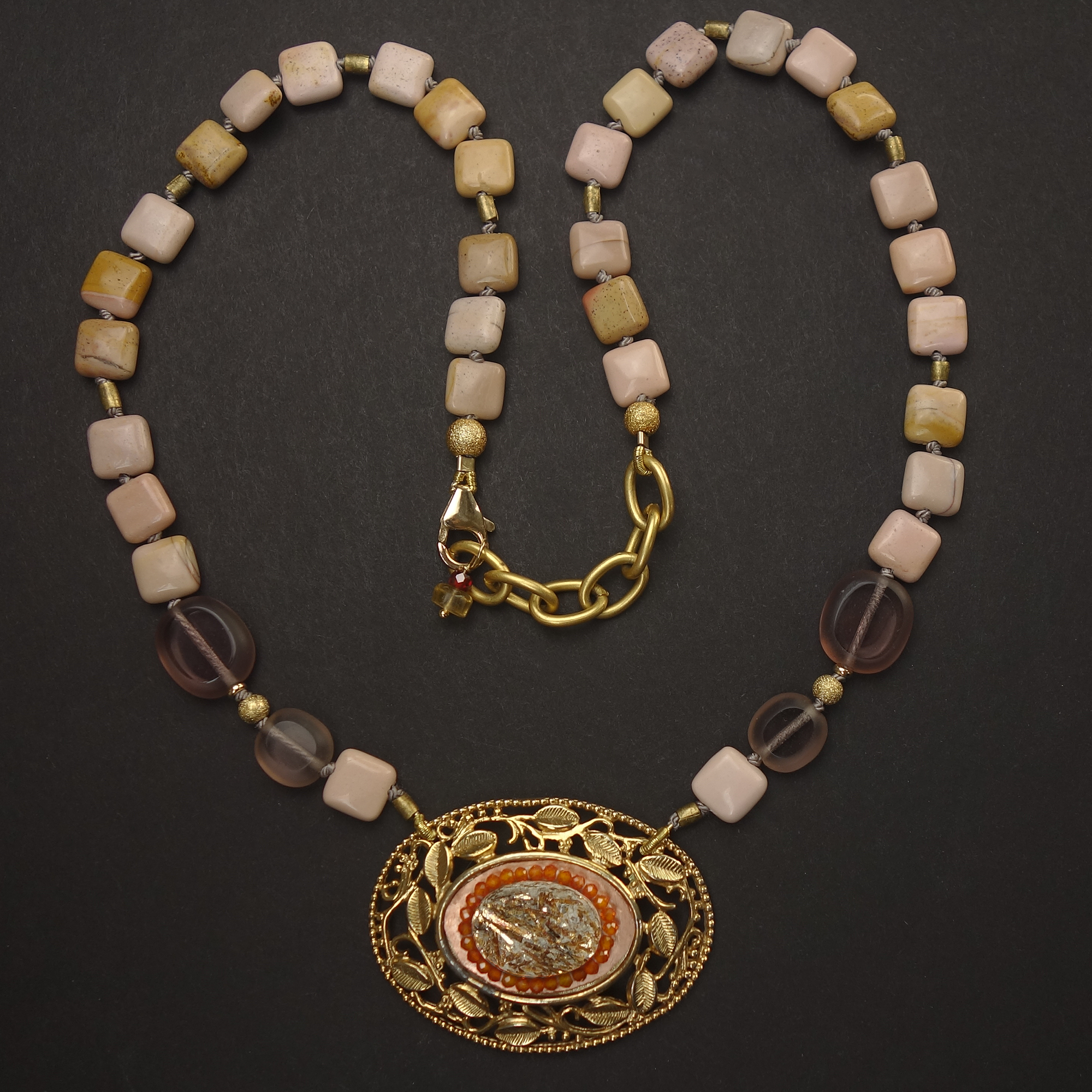 Consequently, She Bloomed: vintage gold, pink opal, carnelian mosaic necklace