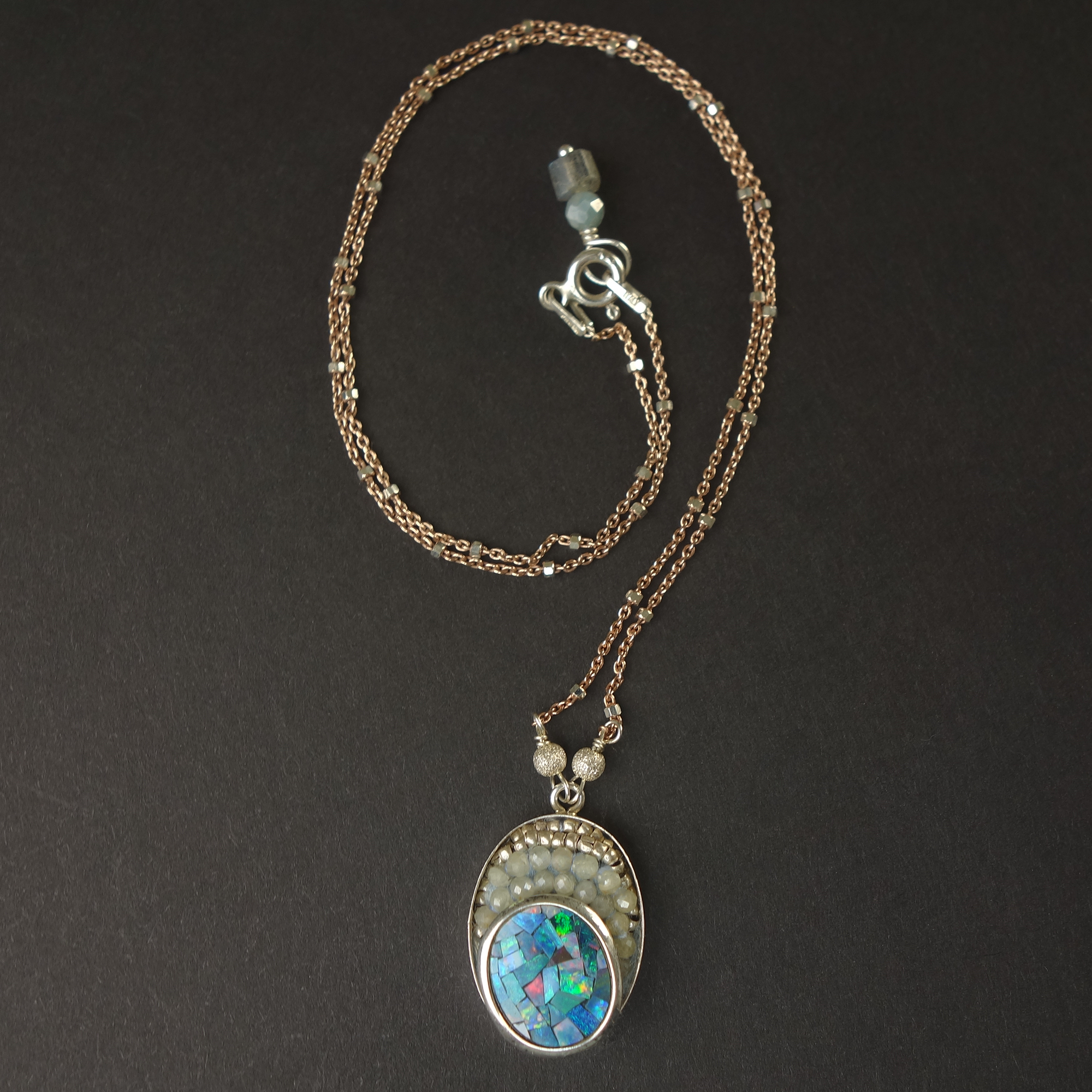 Opal Symphony for my Girl: opal, sapphire, rose gold mosaic necklace