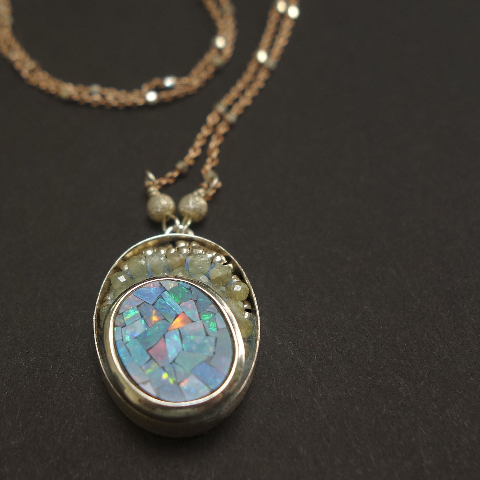 Opal Symphony for my Girl: opal, sapphire, rose gold mosaic necklace