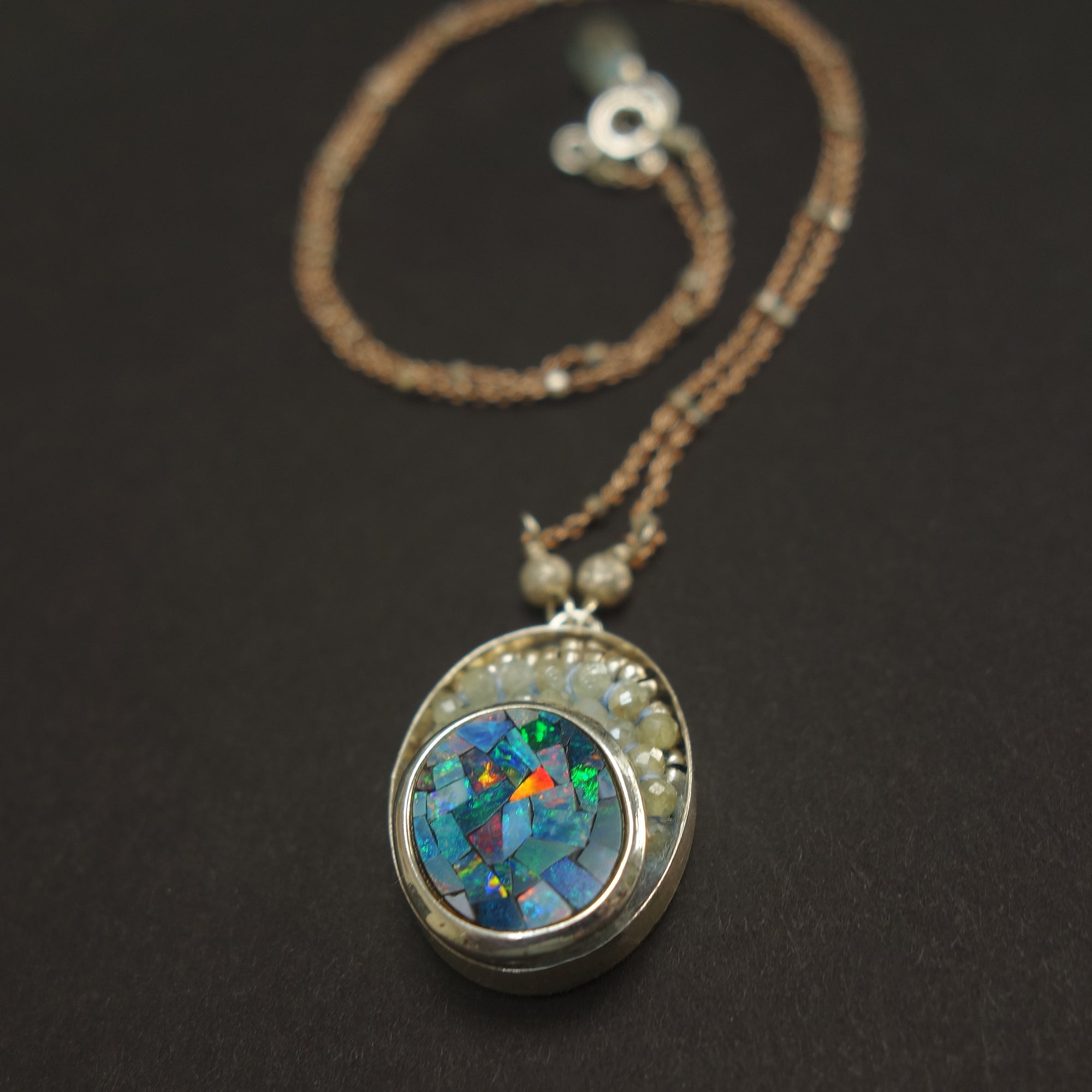 Opal Symphony for my Girl: opal, sapphire, rose gold mosaic necklace