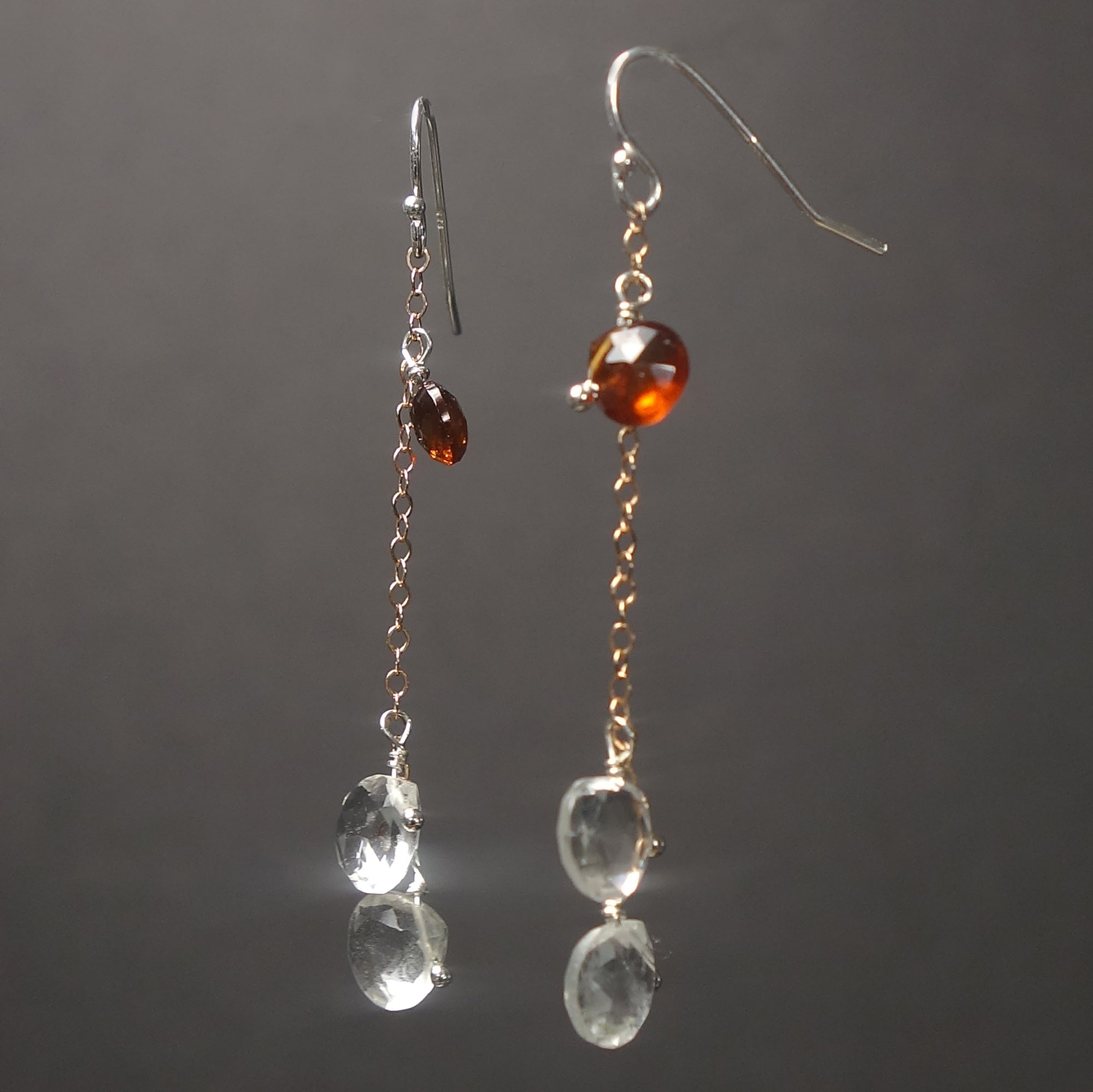 Clear Quartz, Rose Gold, and Hessonite Garnet earrings
