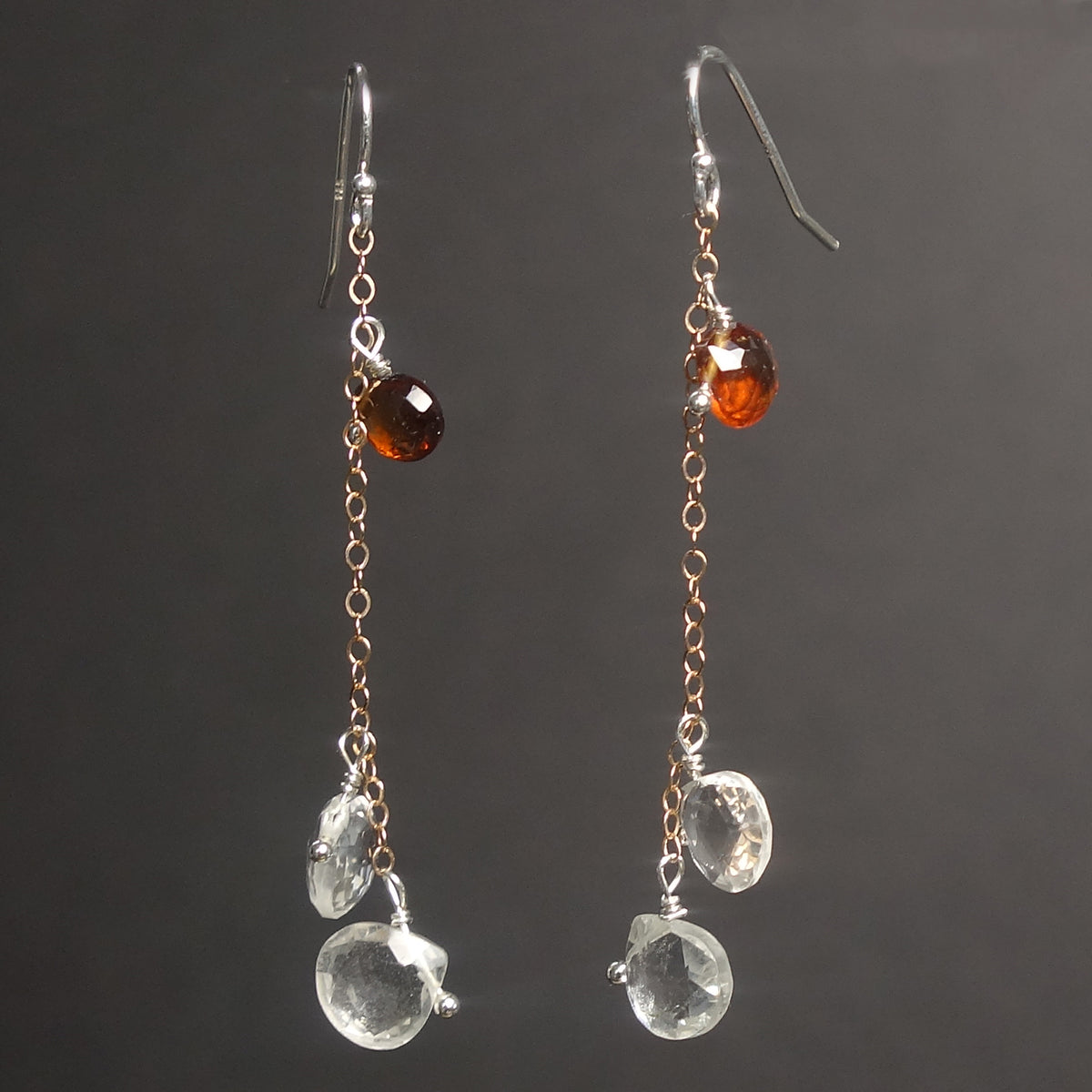 Clear Quartz, Rose Gold, and Hessonite Garnet earrings