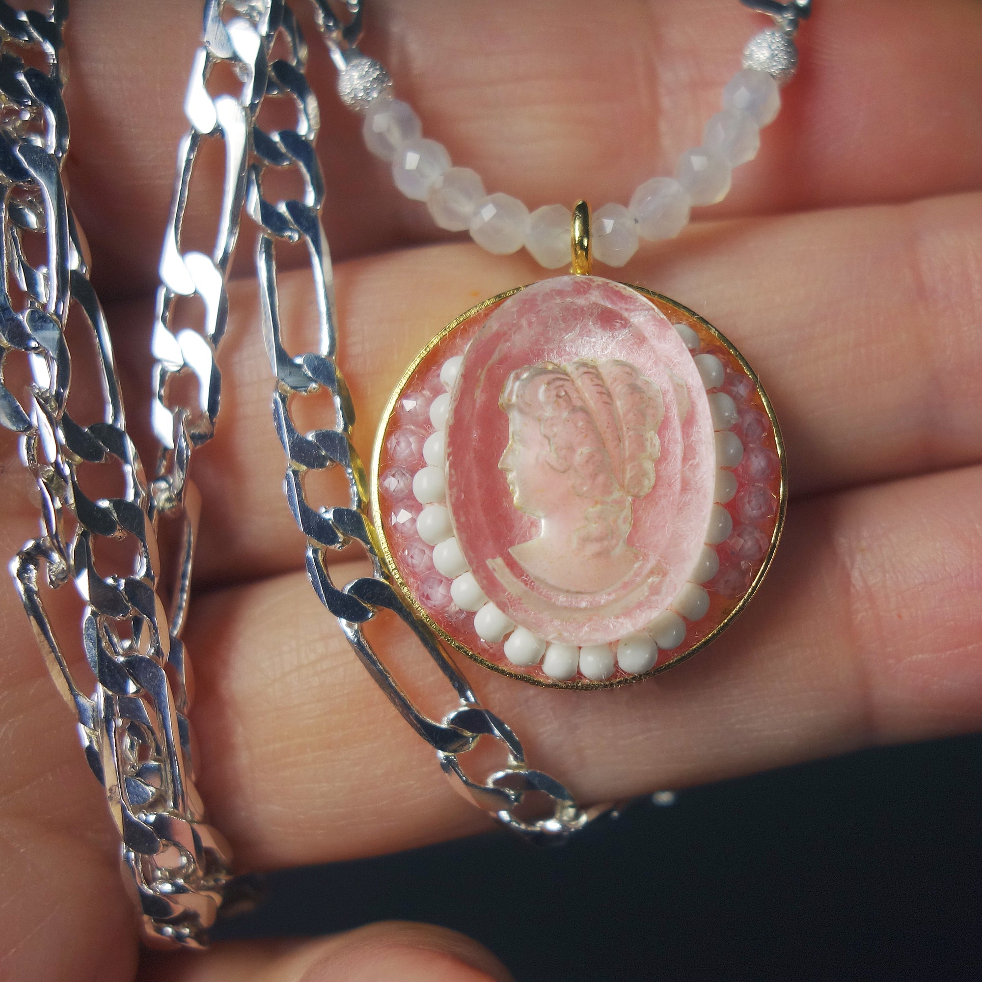 Rare Clear Quartz cameo and White Turquoise mosaic necklace