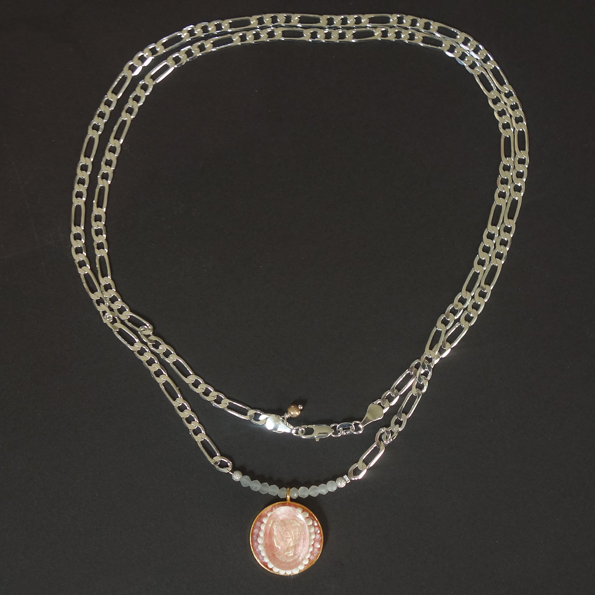 Rare Clear Quartz cameo and White Turquoise mosaic necklace