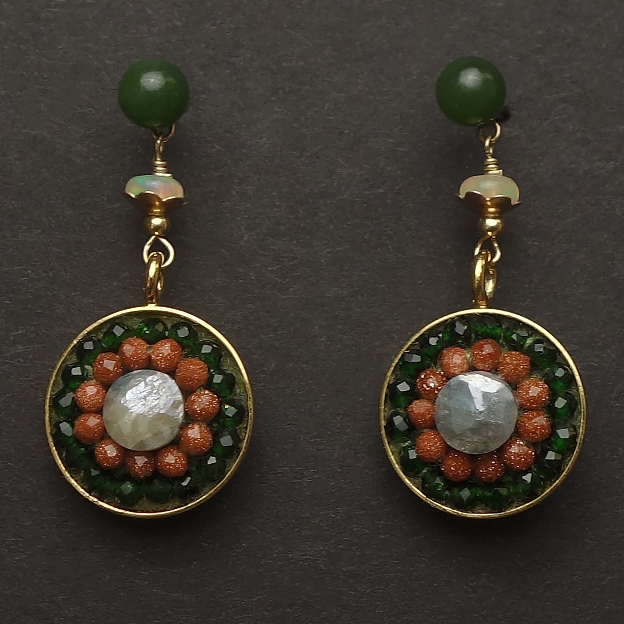 Autumn Equinox earrings: jade, opal + sunstone mosaics