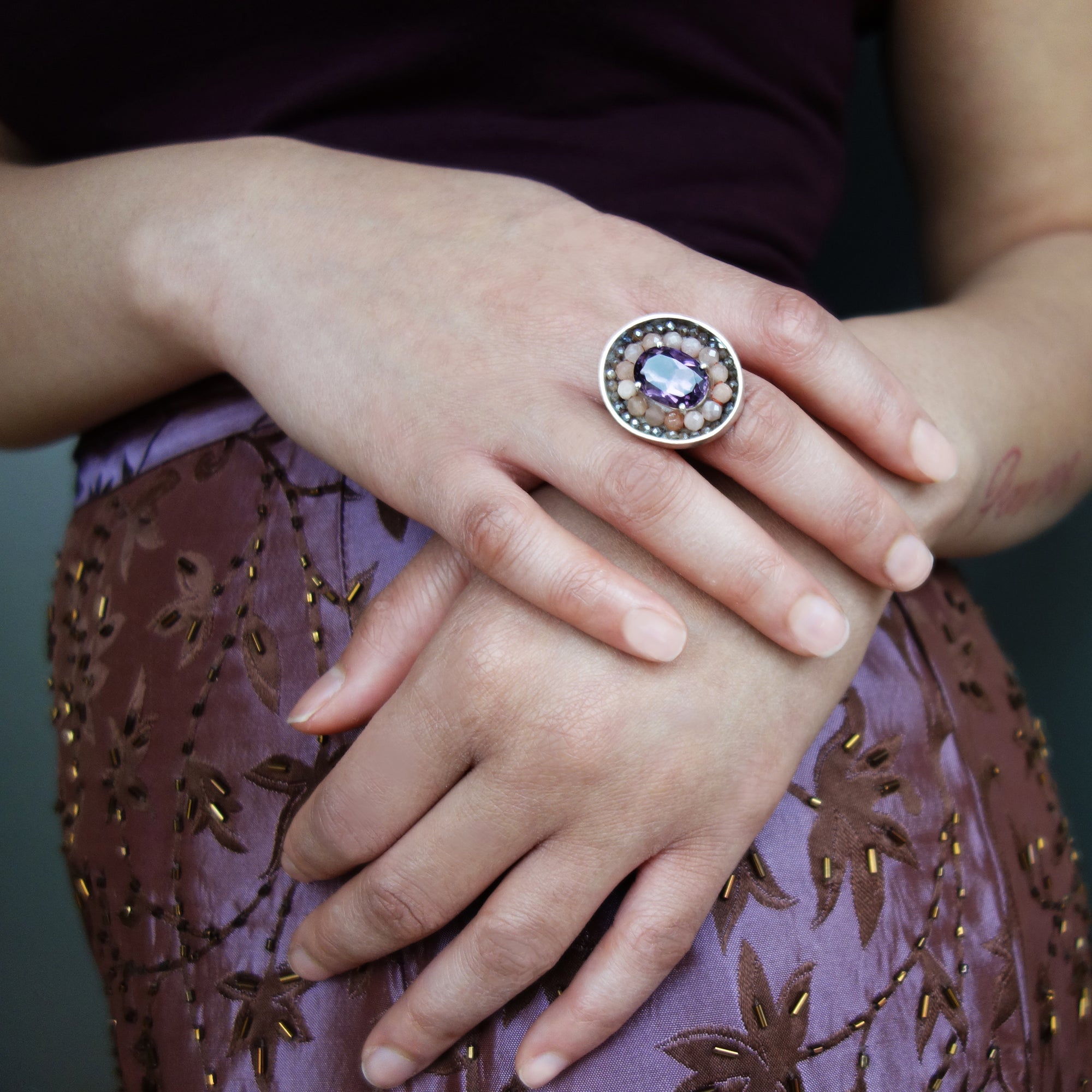 Amethyst, Coral, and Labradorite mosaic ring