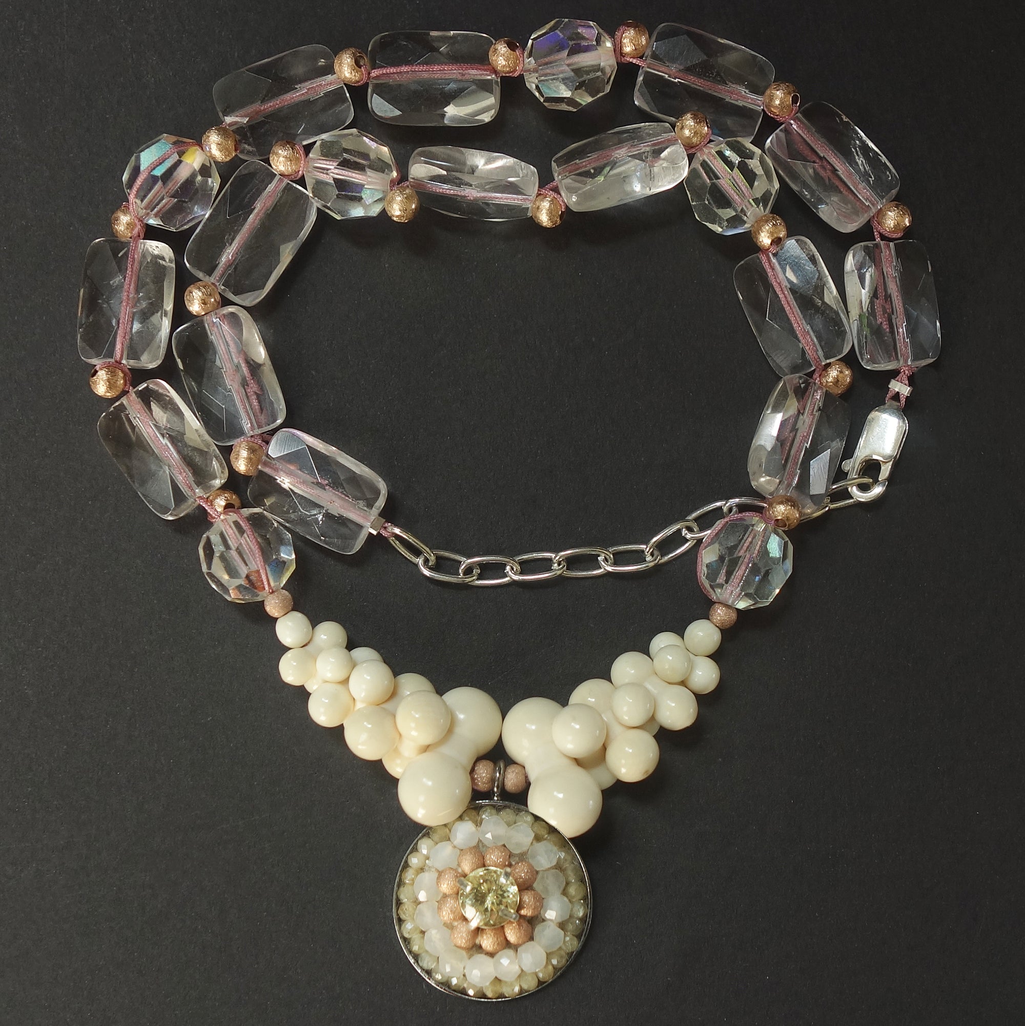 Canary Appetite, Clear Quartz, and Sapphire mosaic necklace