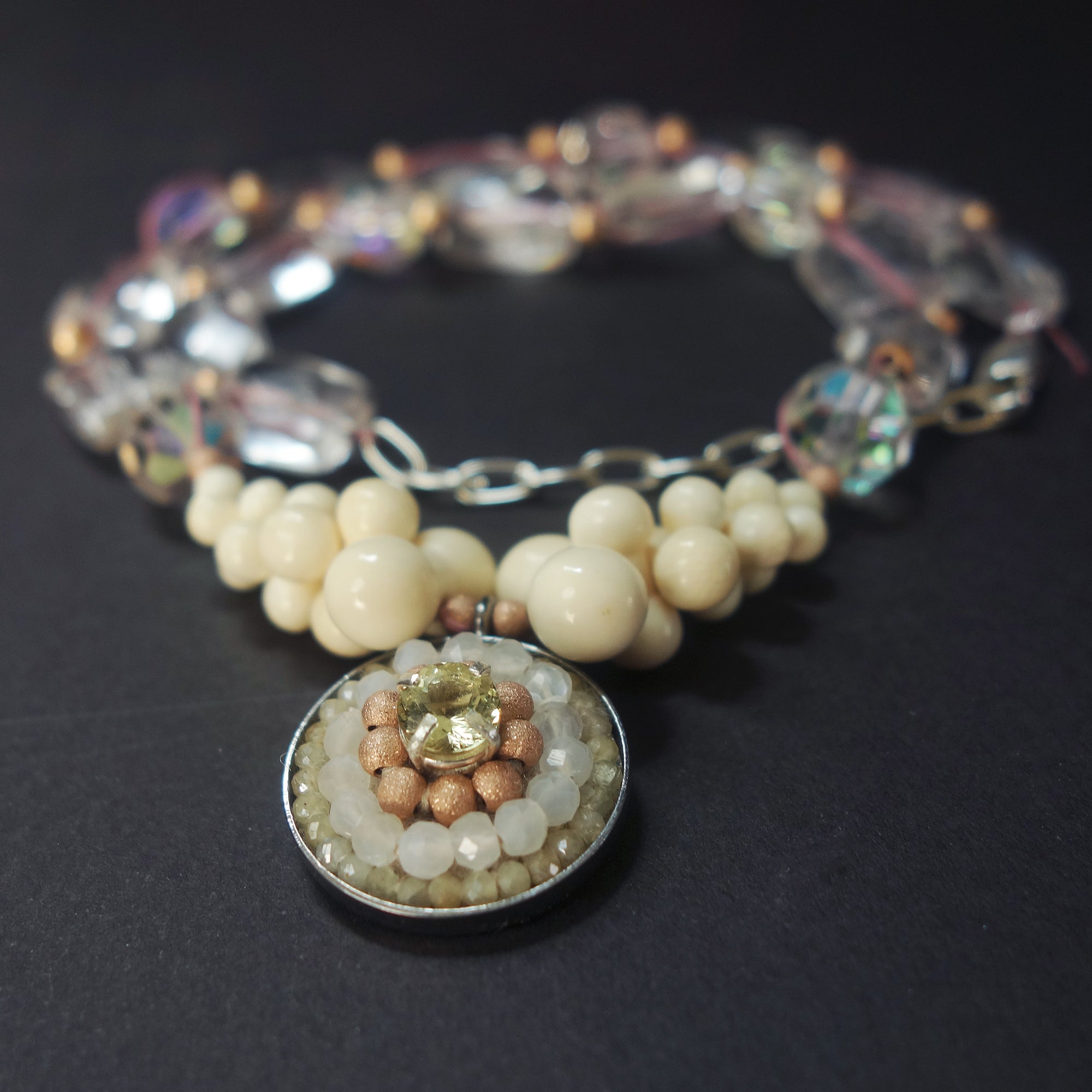 Canary Appetite, Clear Quartz, and Sapphire mosaic necklace