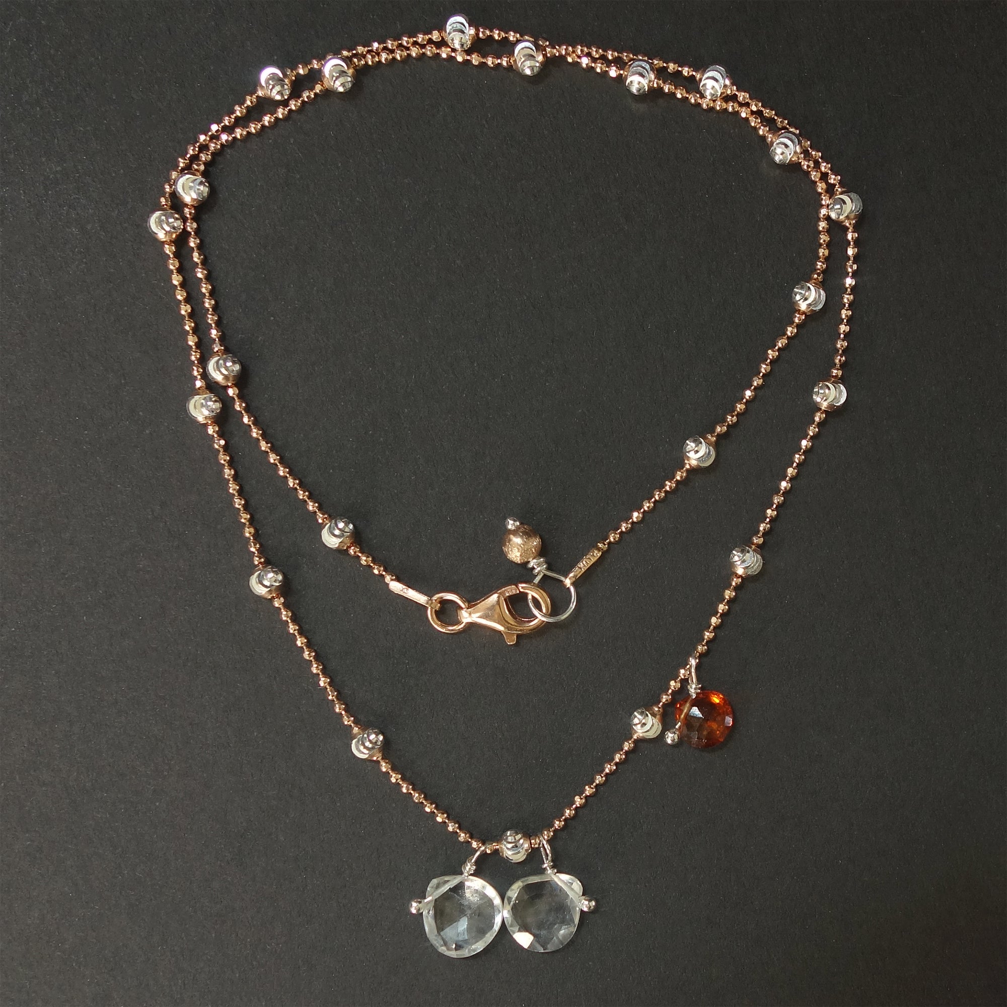 Clear Quartz, Rose Gold, and Hessonite Garnet