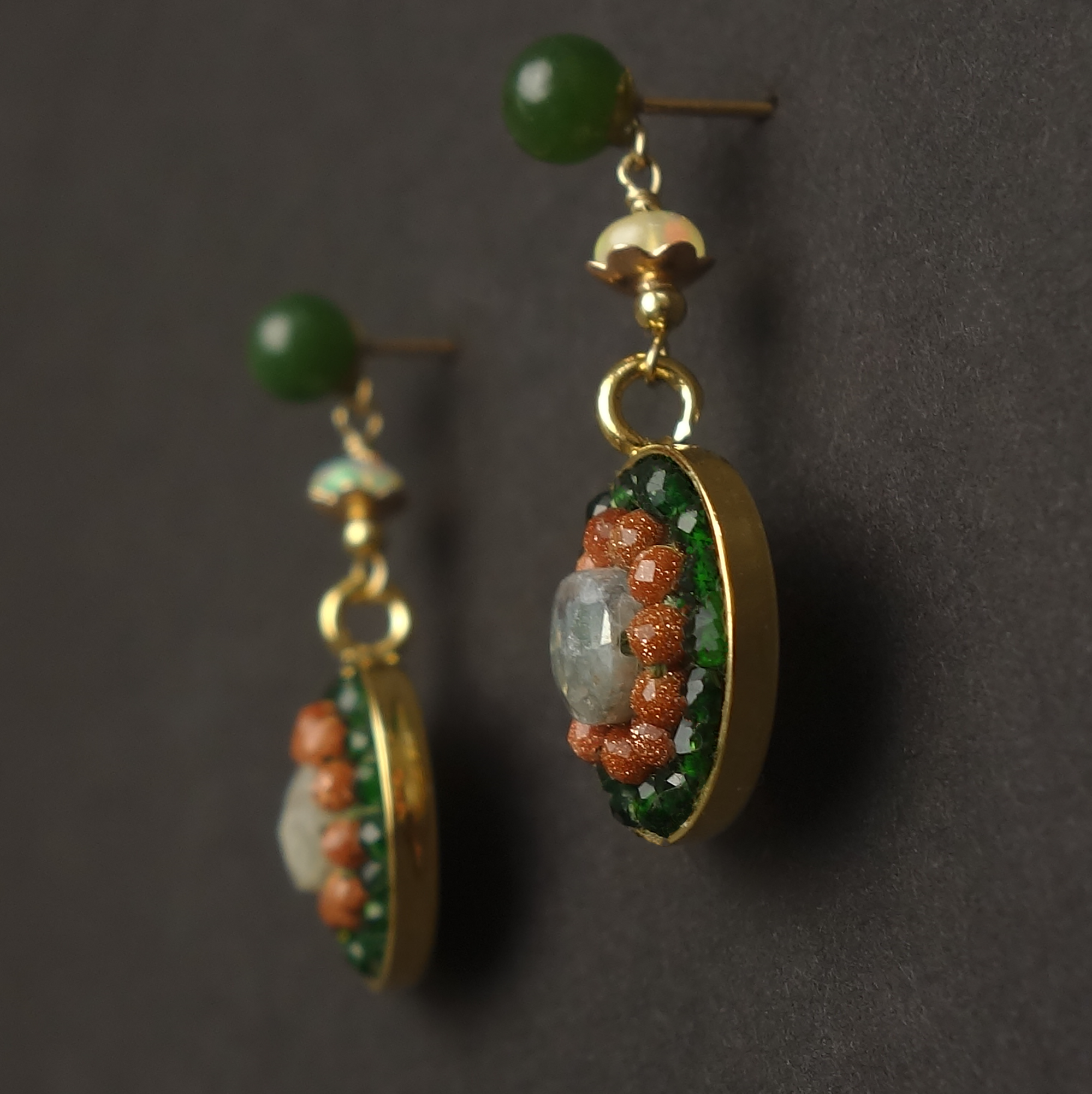 Autumn Equinox earrings: jade, opal + sunstone mosaics
