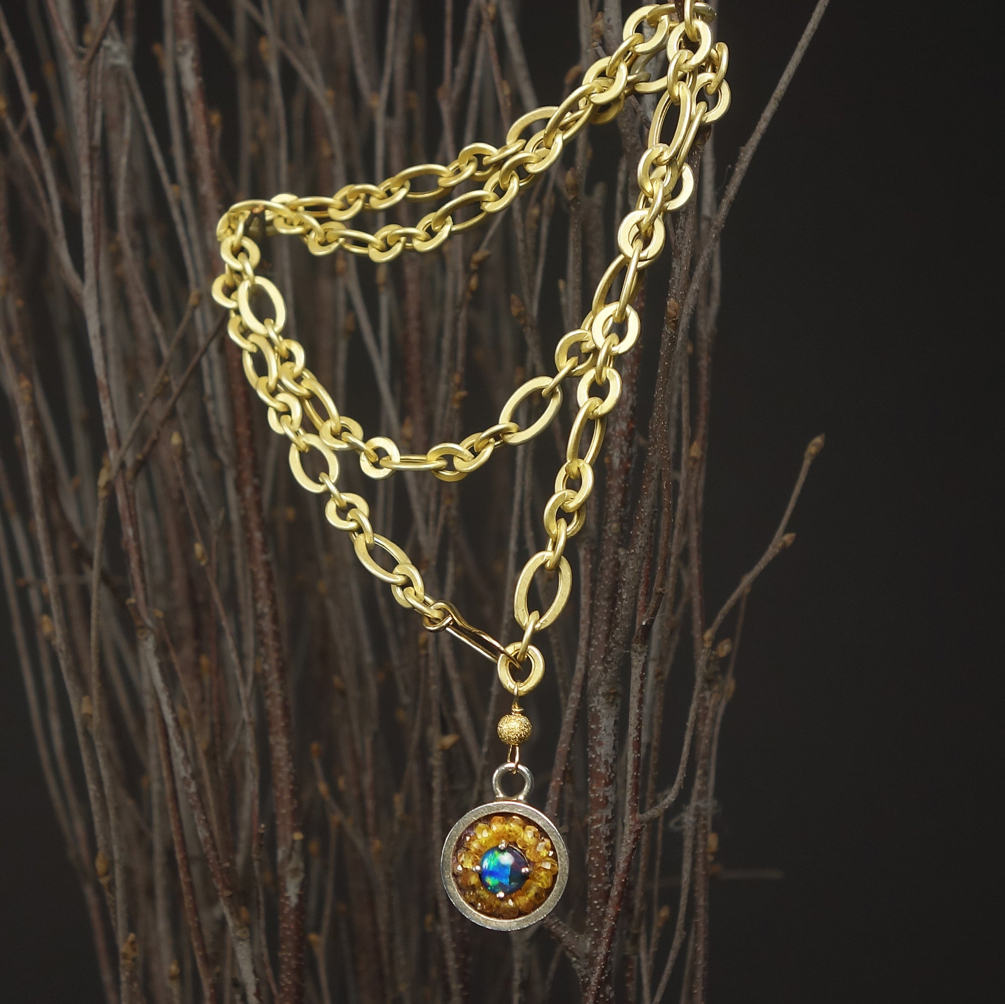 Australian opal, yellow sapphire, and gold mosaic necklace