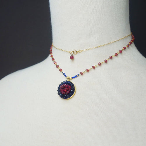 Axios: ruby, iolite, gold mosaic necklace