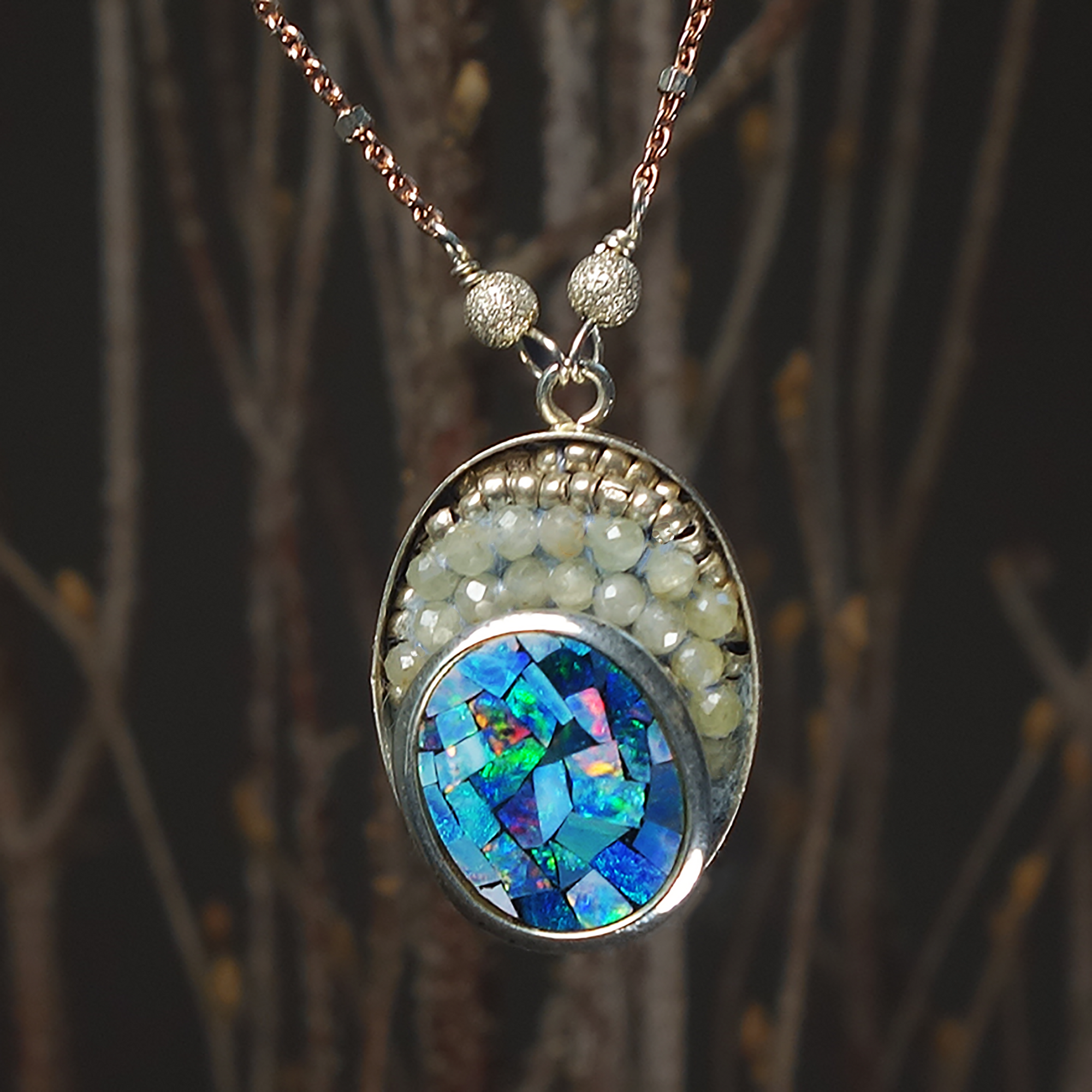 Opal Symphony for my Girl: opal, sapphire, rose gold mosaic necklace