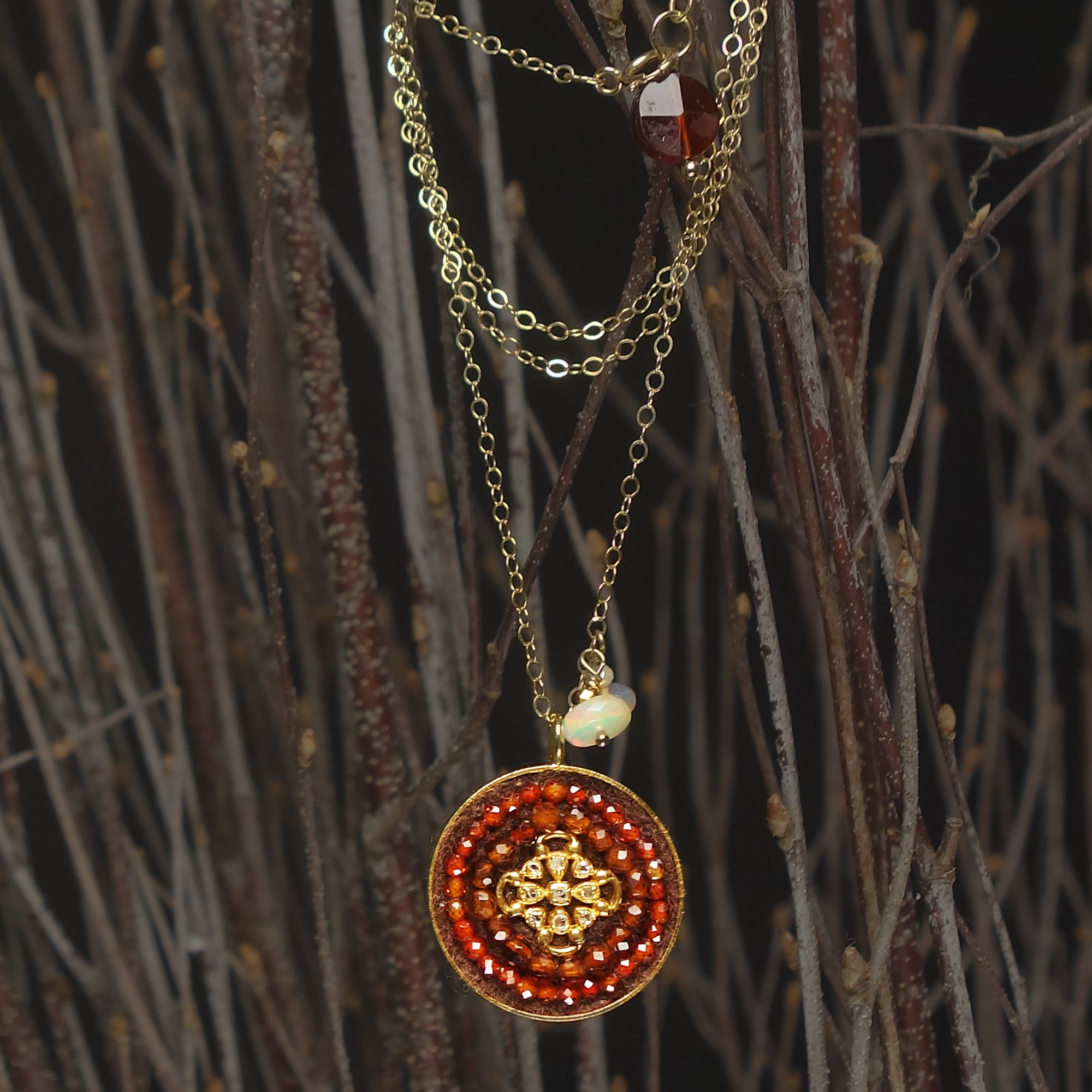 Diamond, carnelian + gold mosaic necklace