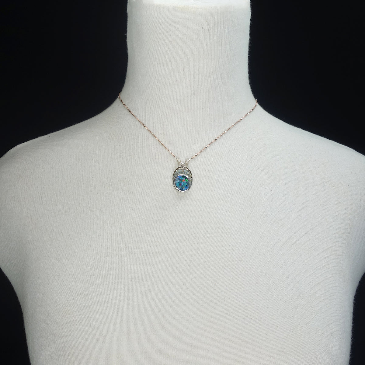 Opal Symphony for my Girl: opal, sapphire, rose gold mosaic necklace