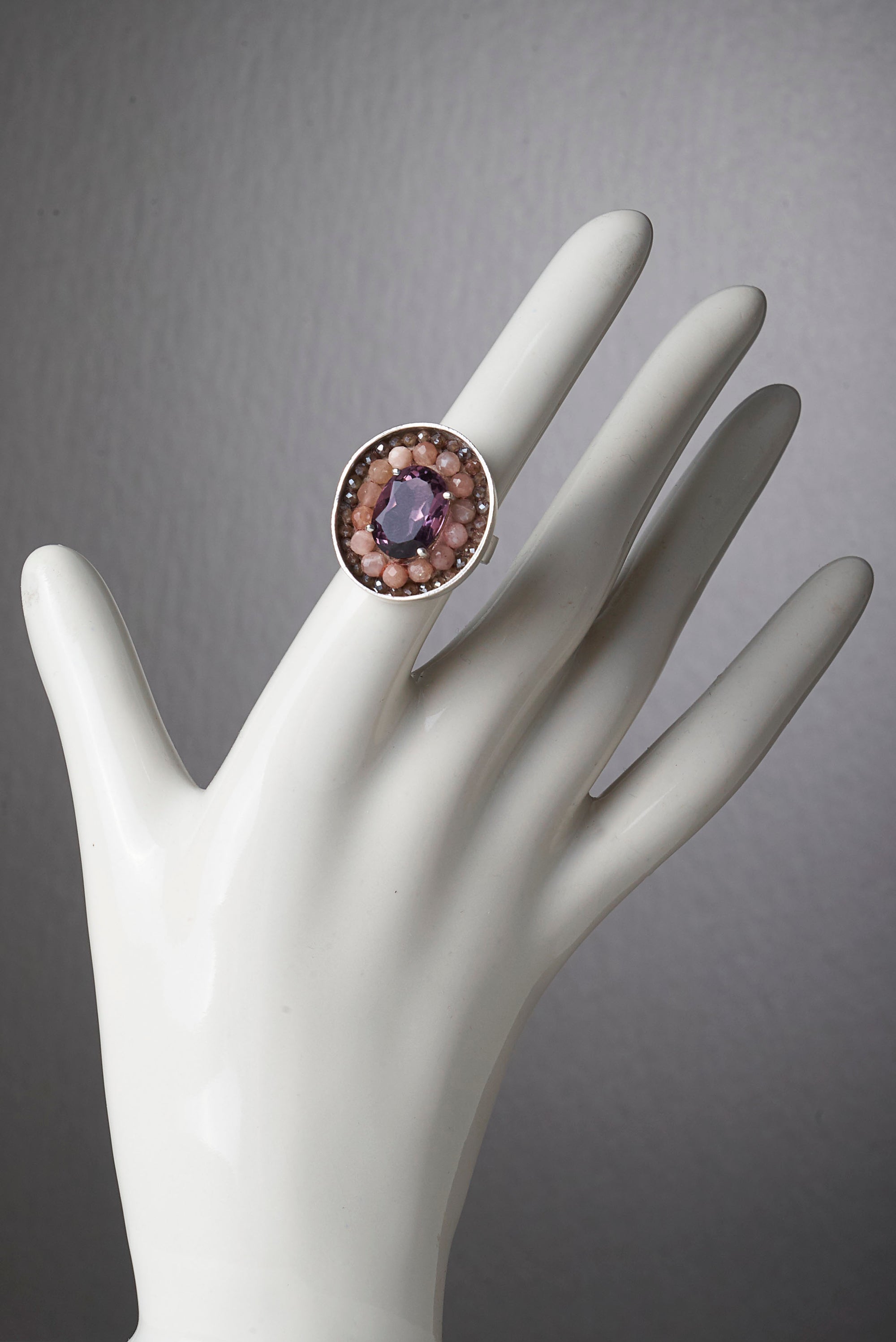 Amethyst, Coral, and Labradorite mosaic ring