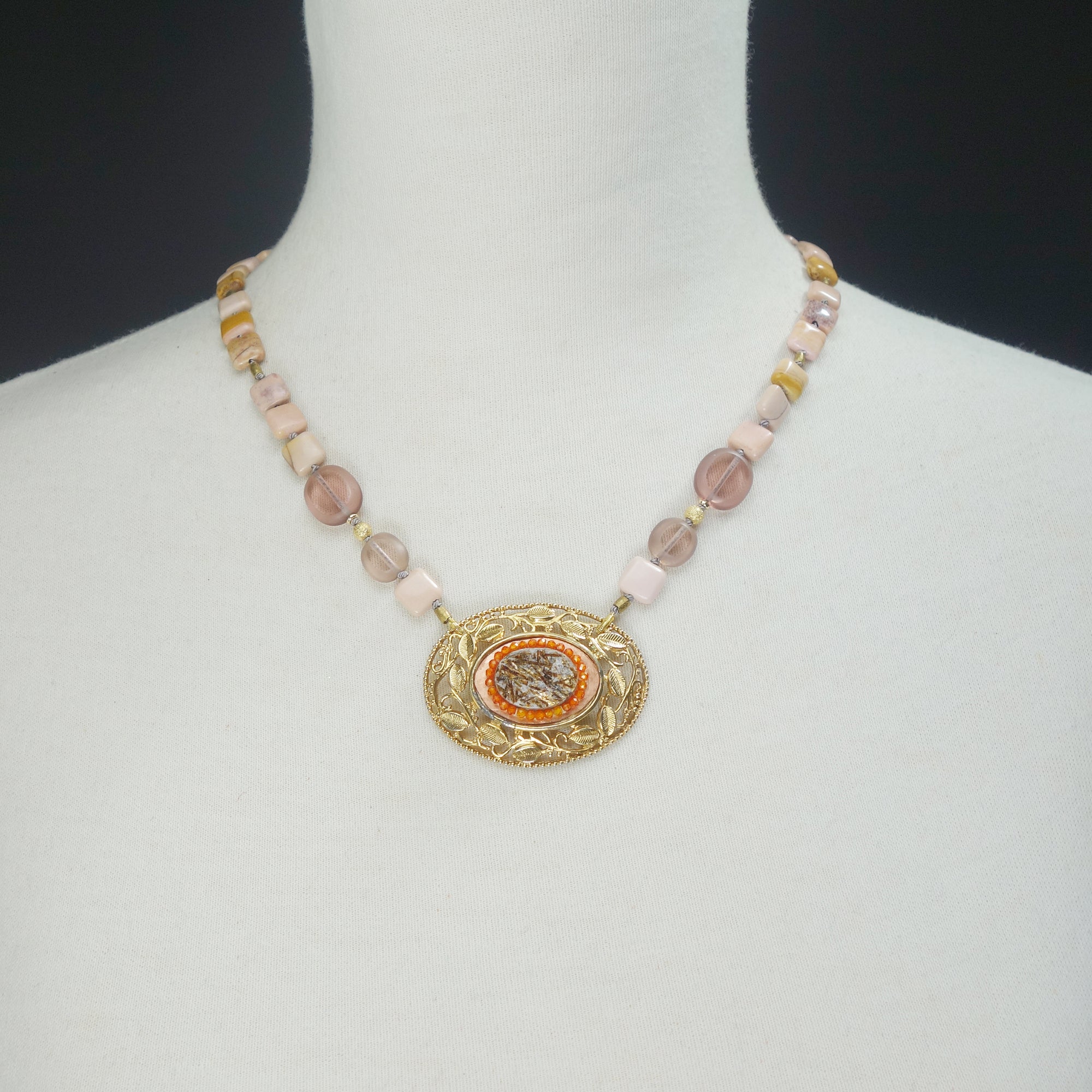 Consequently, She Bloomed: vintage gold, pink opal, carnelian mosaic necklace