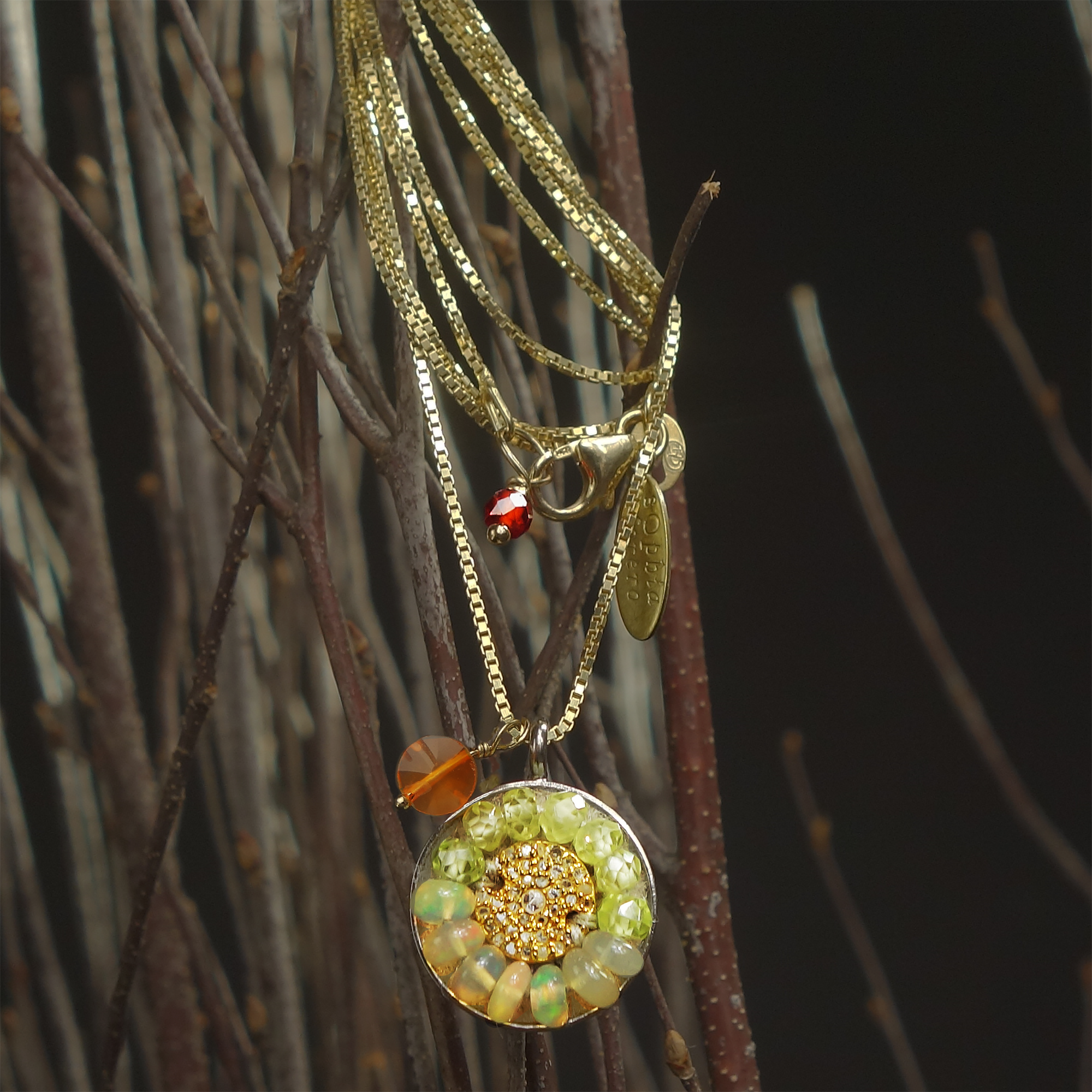 Diamond, rainbow opal + gold mosaic necklace