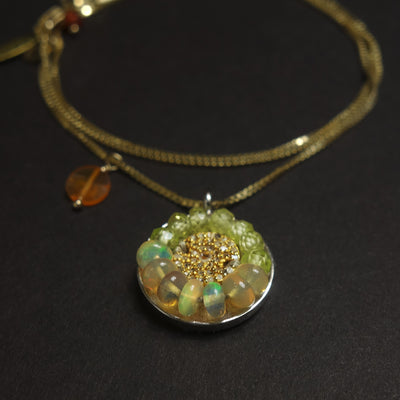 Diamond, rainbow opal + gold mosaic necklace