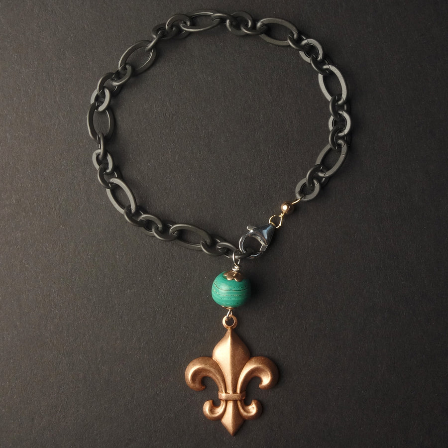 Fleur de Lis Romantique bracelet: malachite on oxidized silver