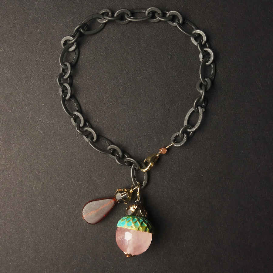 Rose Quartz and Amber bracelet on oxidized silver