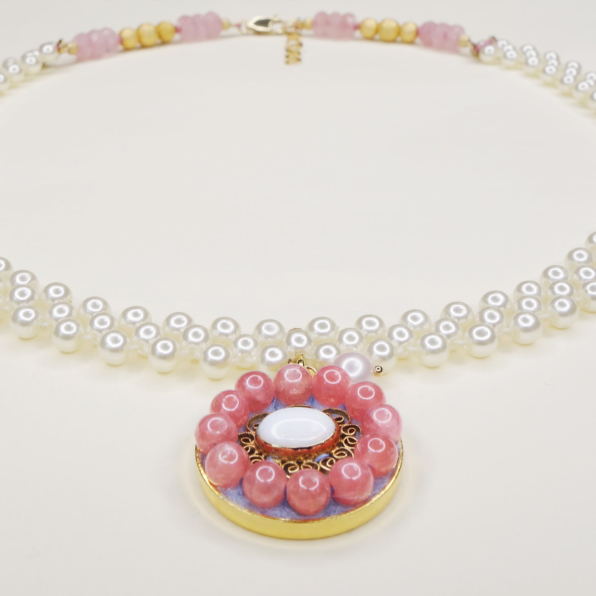 An Angel's Kiss: rainbow opal, pearl, and rhodochrosite mosaic necklace