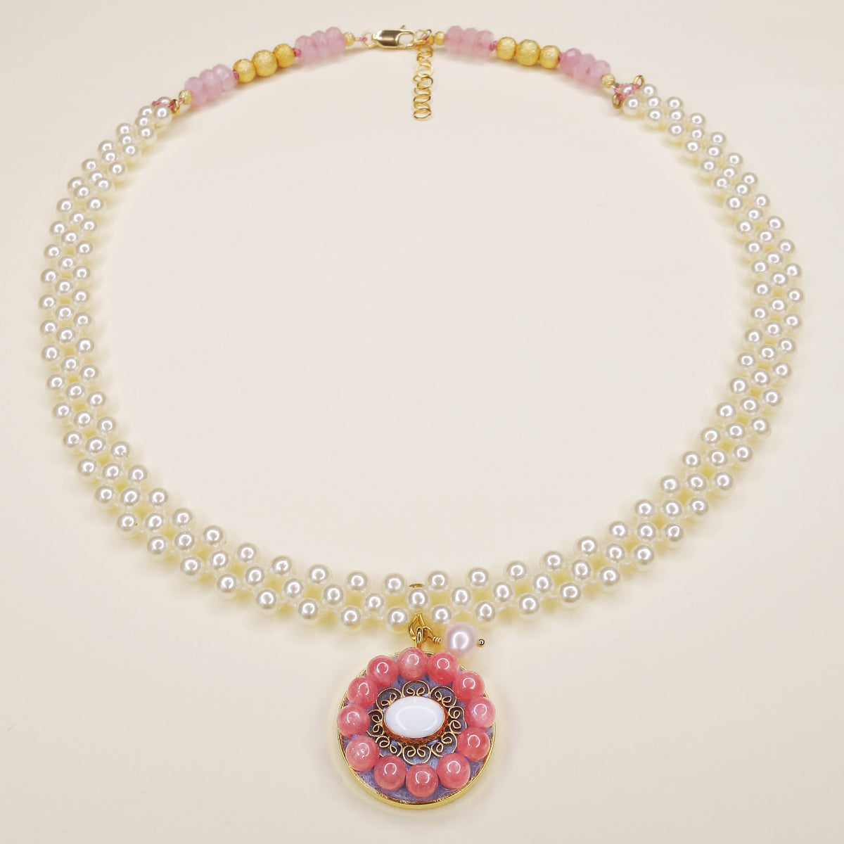 An Angel's Kiss: rainbow opal, pearl, and rhodochrosite mosaic necklace