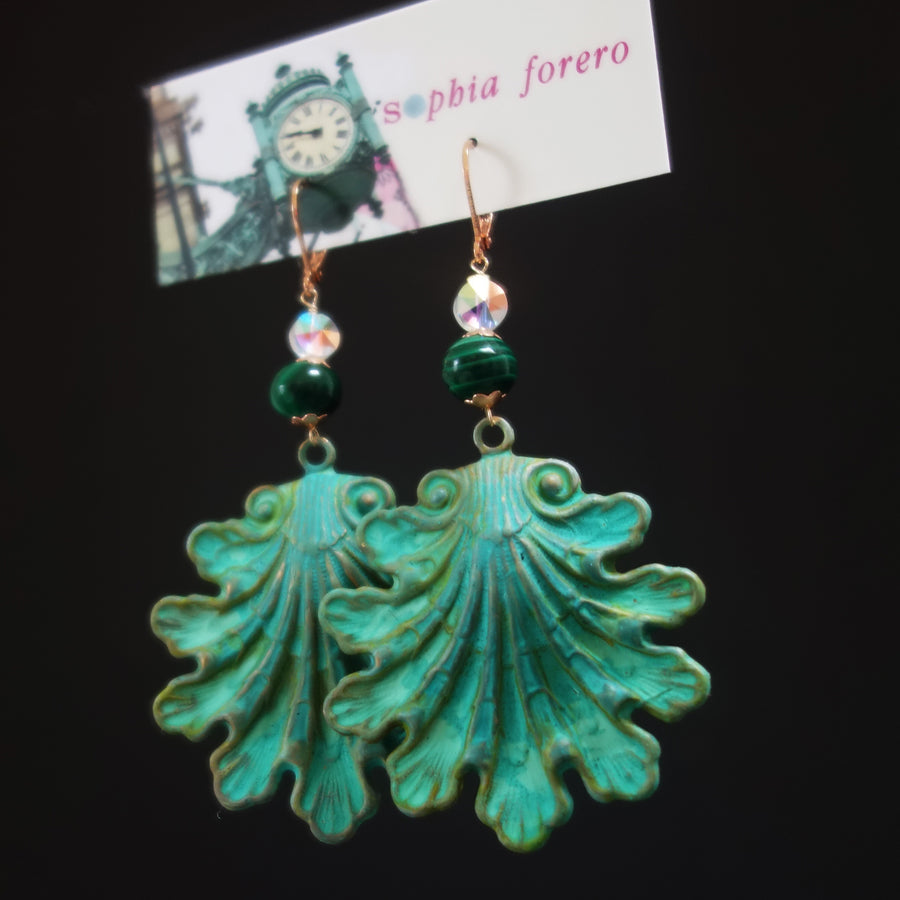 She Sells Seashells by the Lakeshore: patina, rose gold, and malachite earring