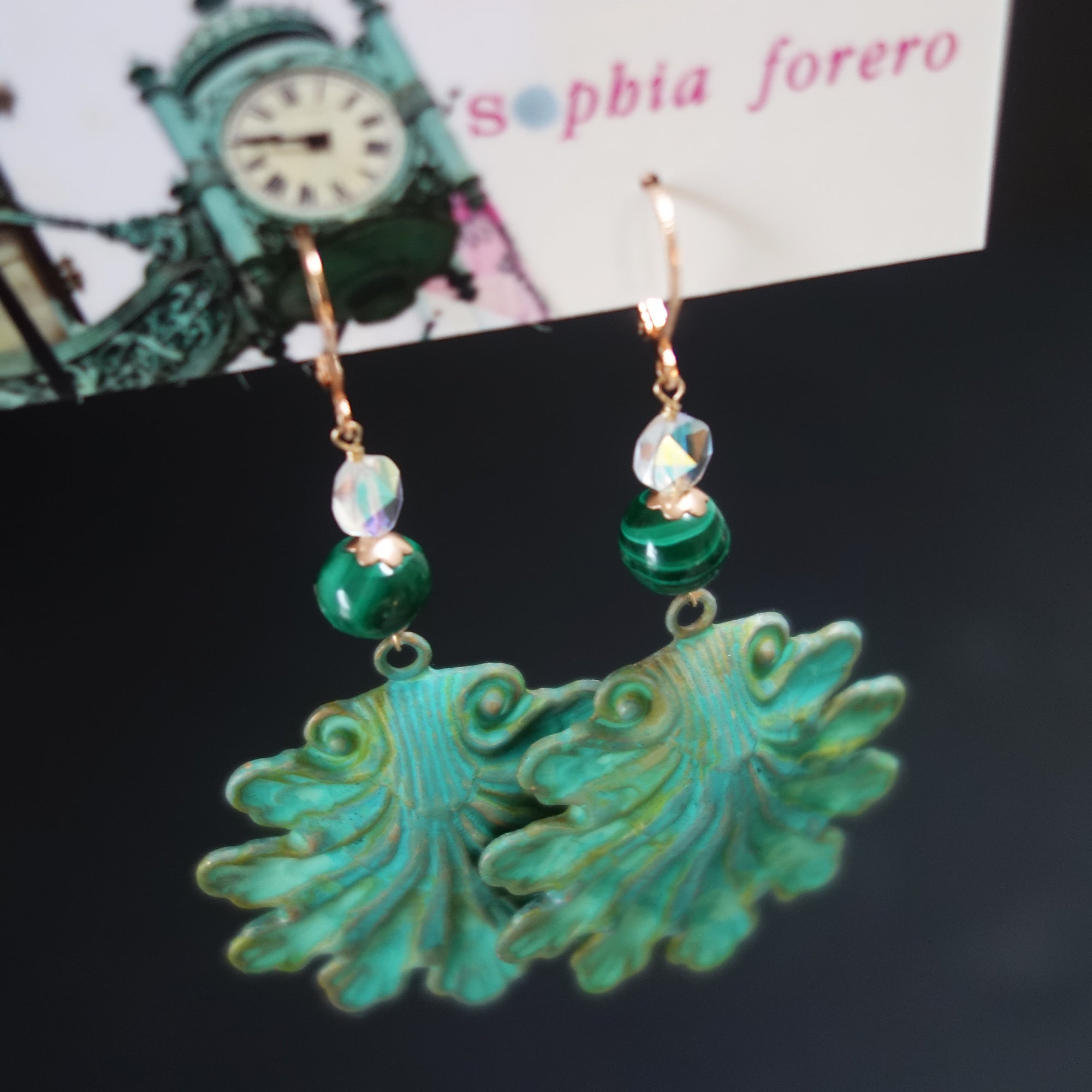 She Sells Seashells by the Lakeshore: patina, rose gold, and malachite earring