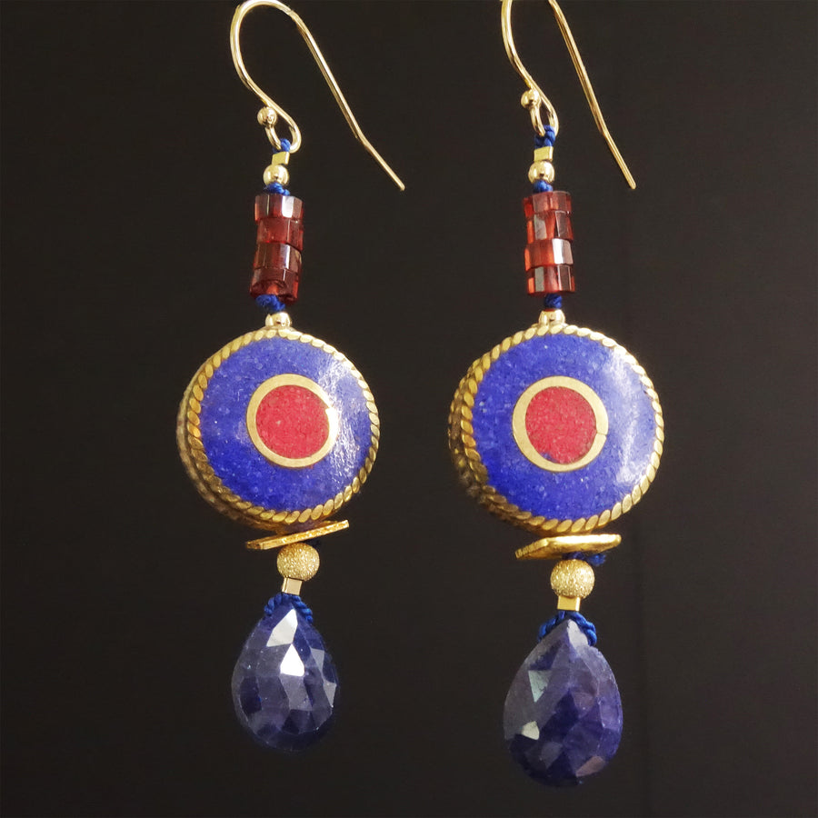 Land that I Love: blue sapphire, garnet earrings