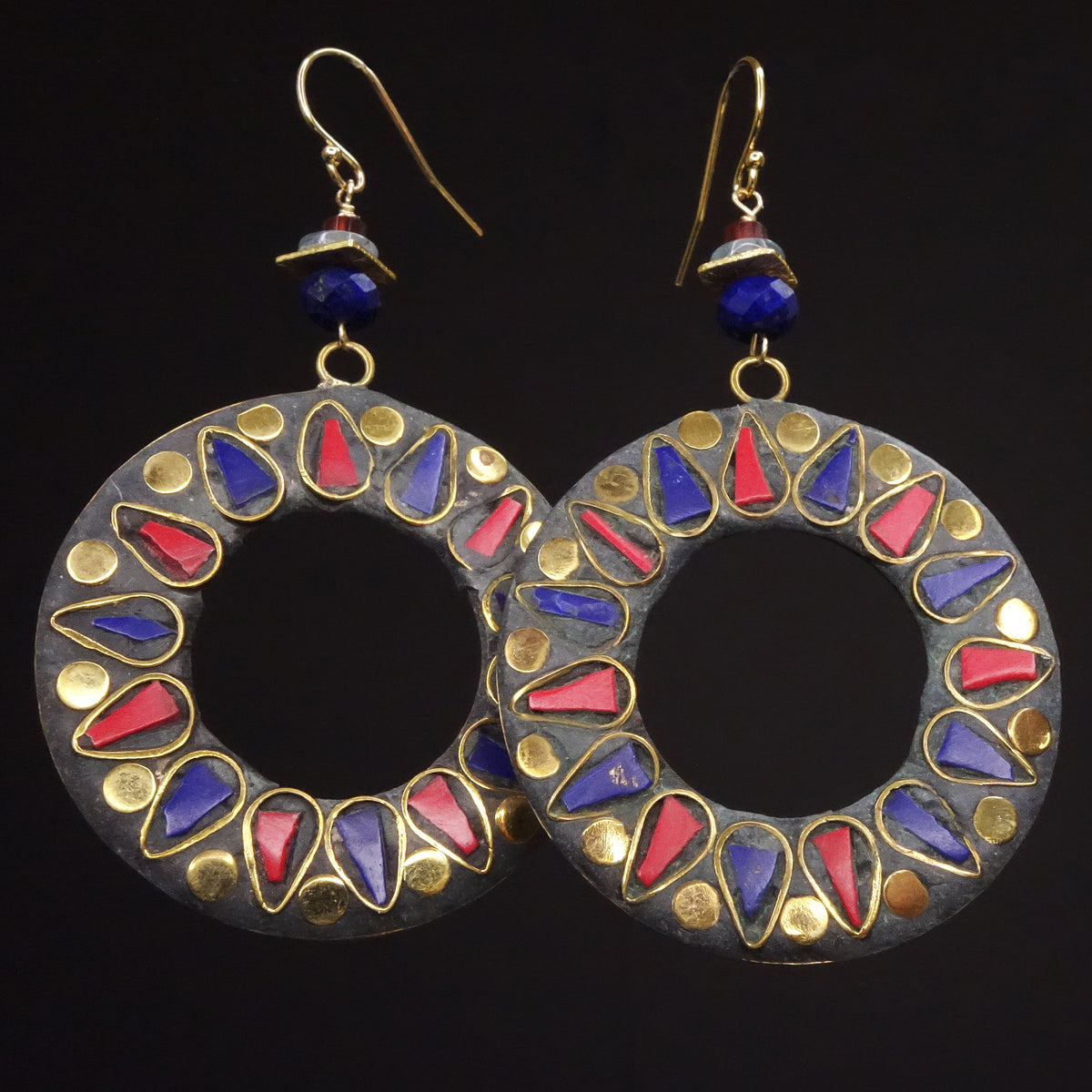 United We Stand: coral, lapis, mother of pearl earrings