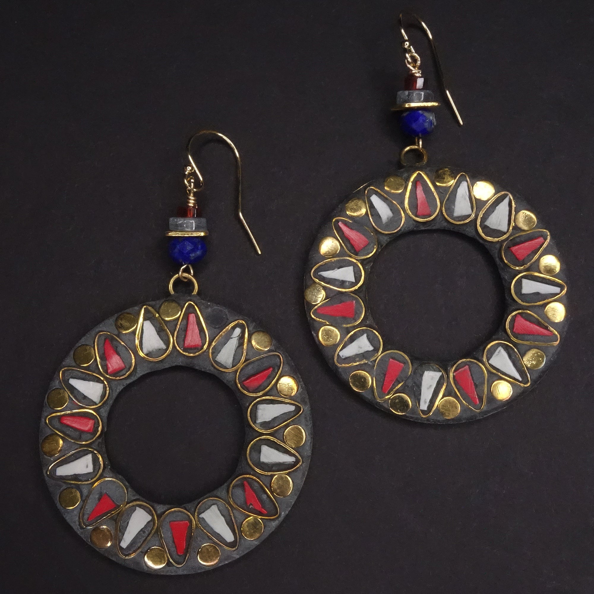 United We Stand: coral, lapis, mother of pearl earrings