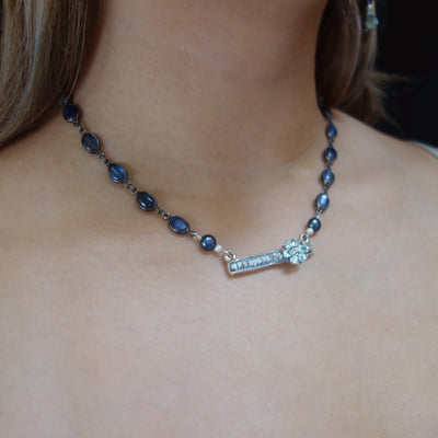 Come Talk to Me: kyanite, pearl, blue topaz mosaic necklace