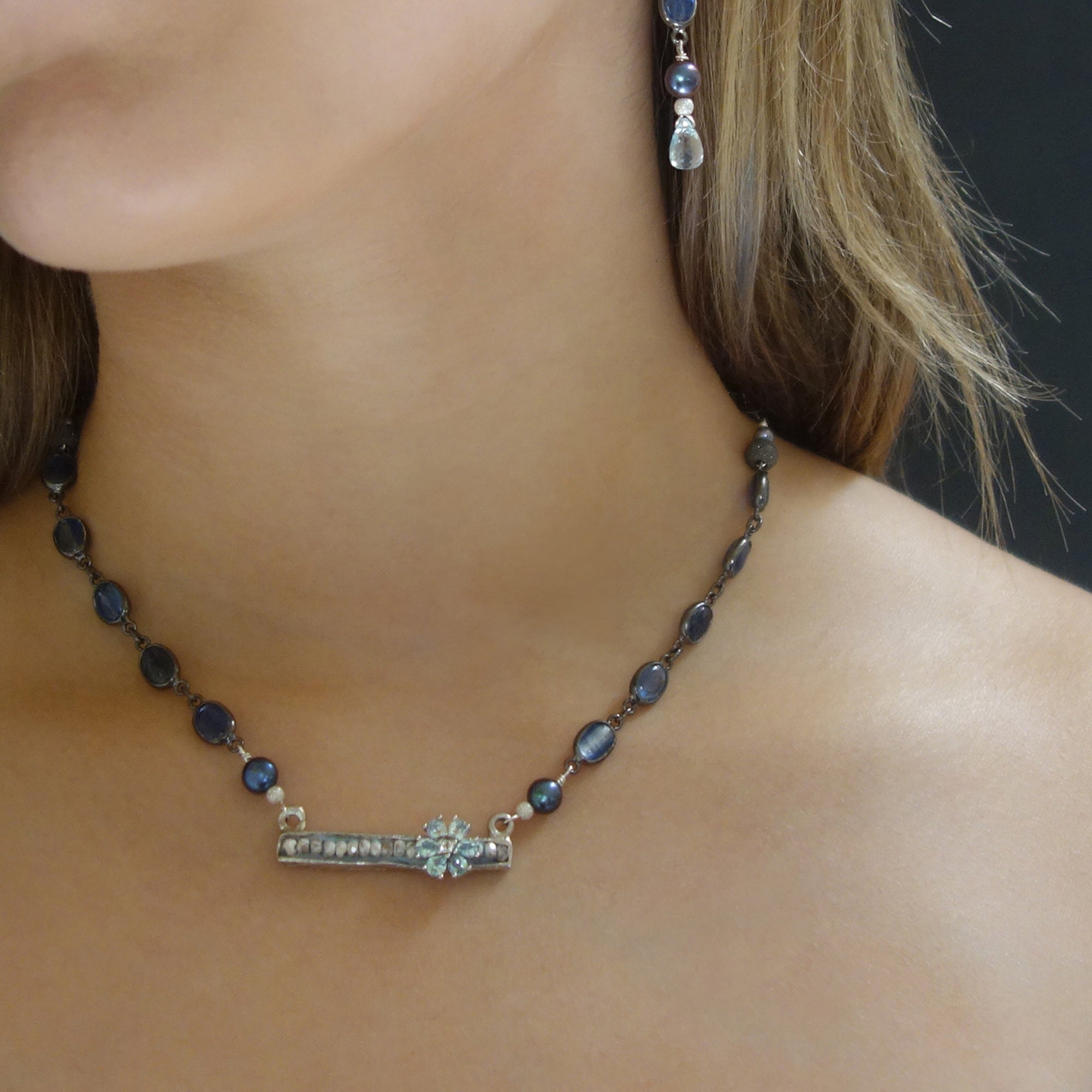 Come Talk to Me: kyanite, pearl, blue topaz mosaic necklace