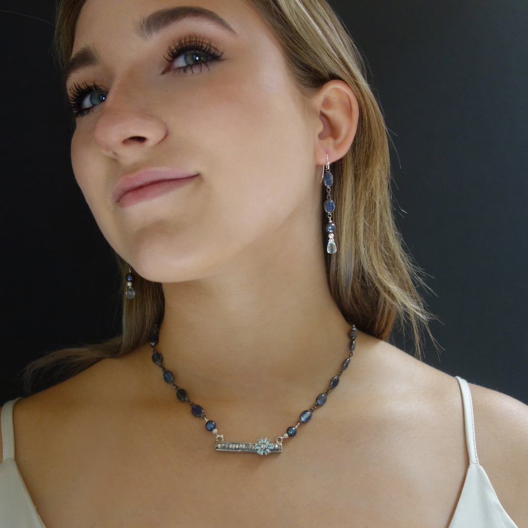 Come Talk to Me: kyanite, pearl, blue topaz earring