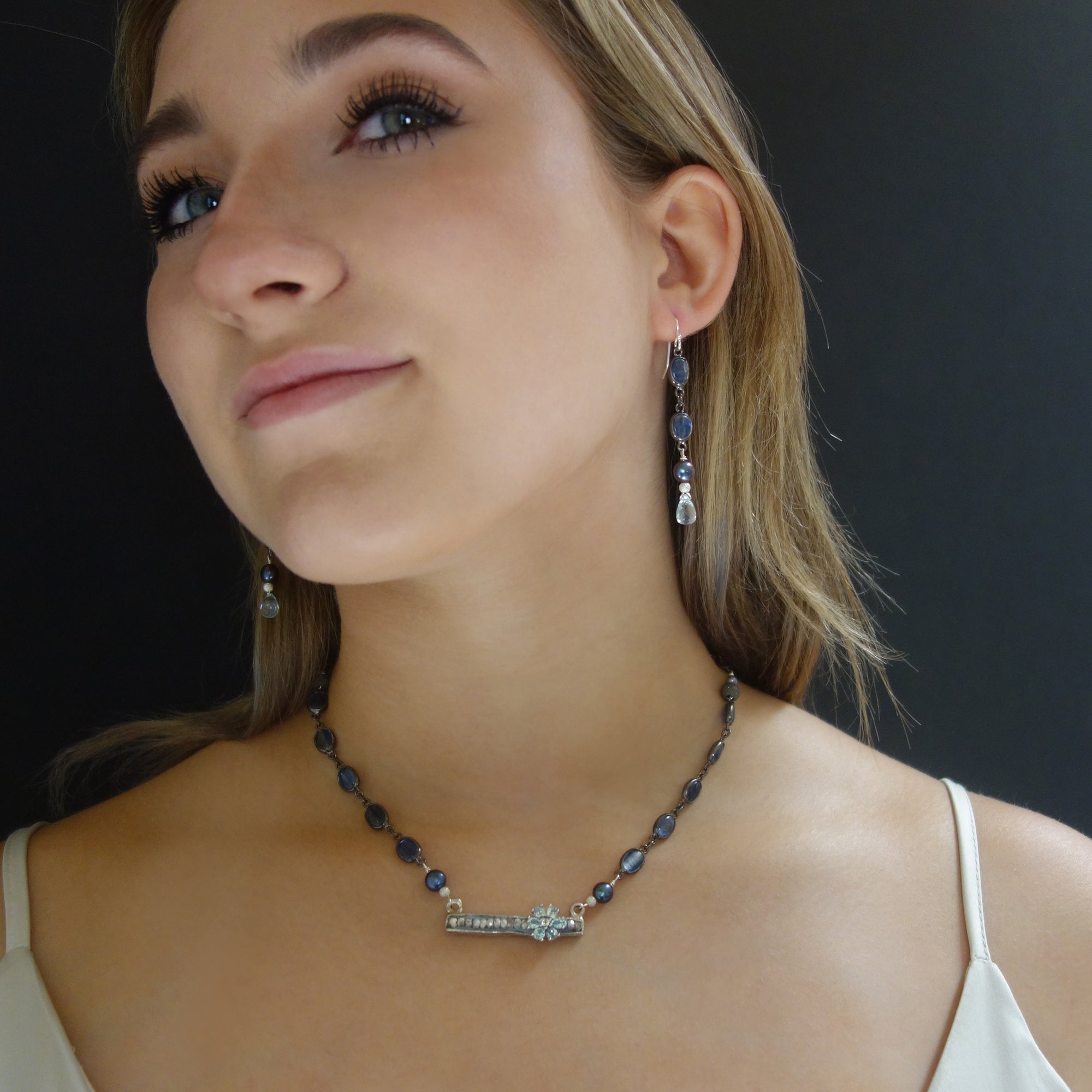 Come Talk to Me: kyanite, pearl, blue topaz earring