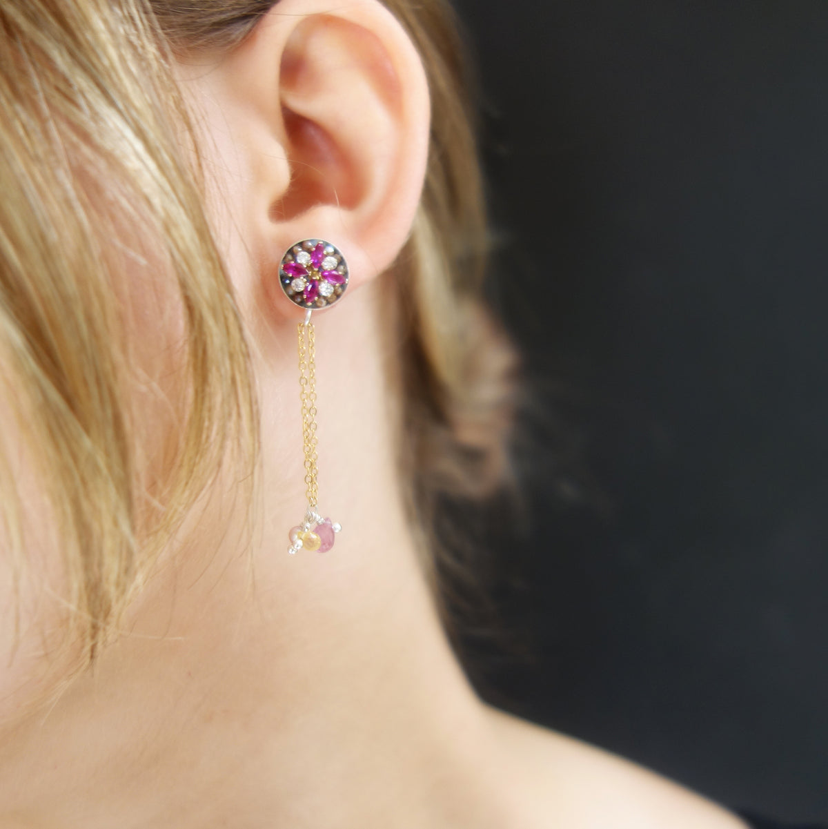 Ruby, diamond, sapphire and gold mosaic earring
