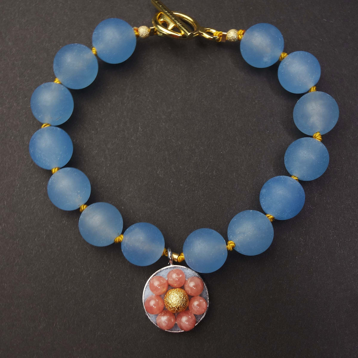 Monet's Water Lilies: blue chalcedony, rhodocrosite, gold mosaic bracelet