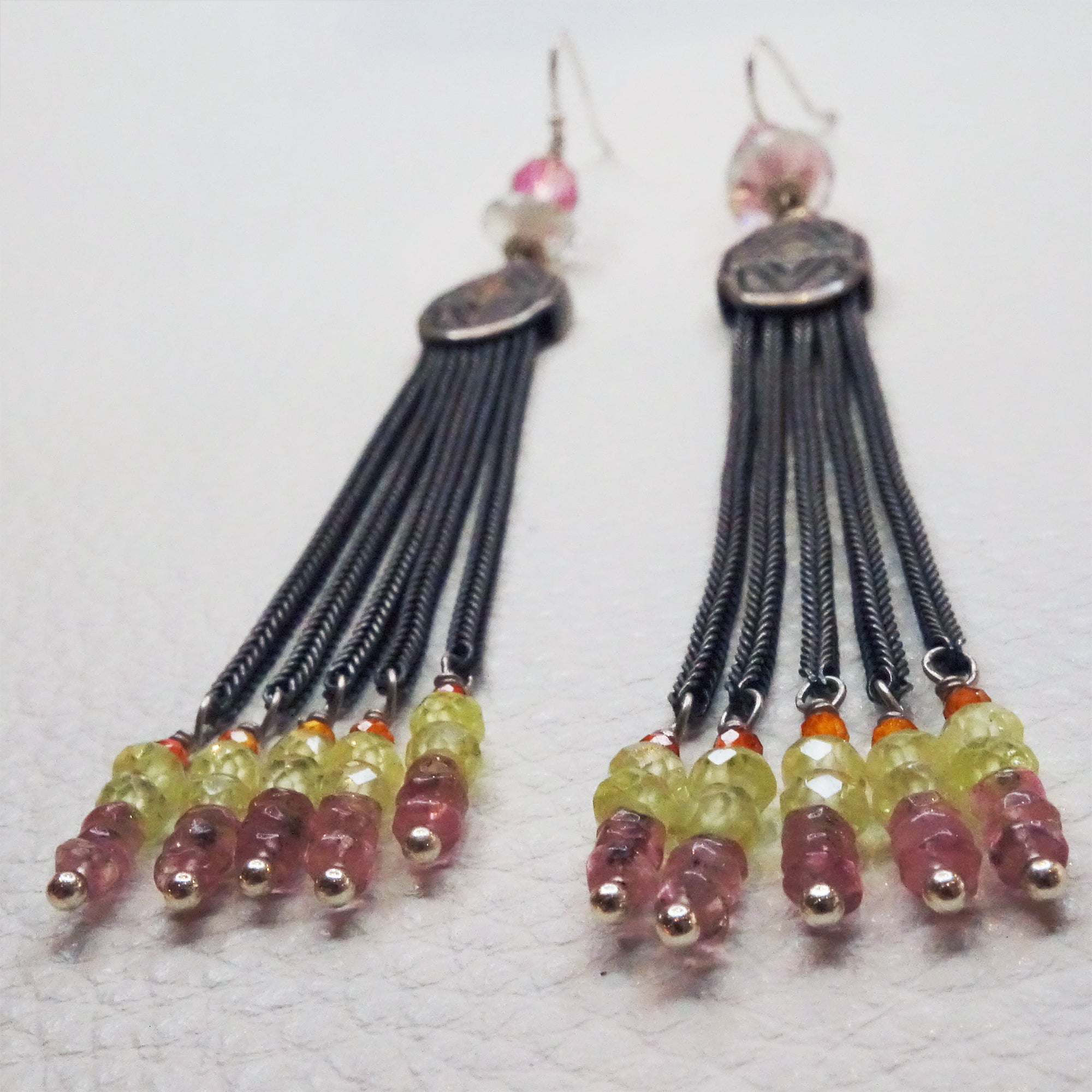 She Spoke in Rays of Sunshine: silver, sapphire, tourmaline earrings