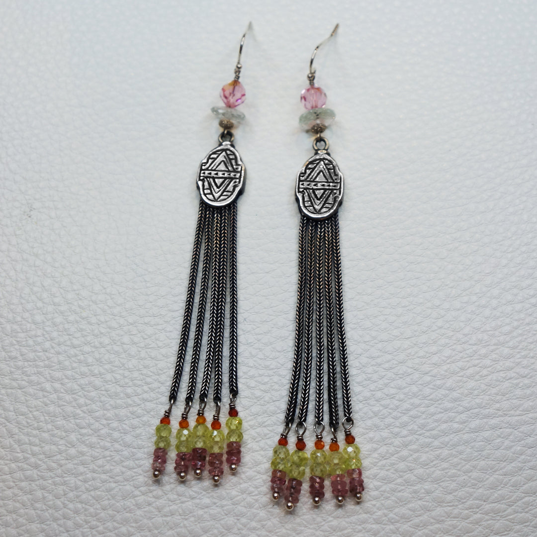 She Spoke in Rays of Sunshine: silver, sapphire, tourmaline earrings