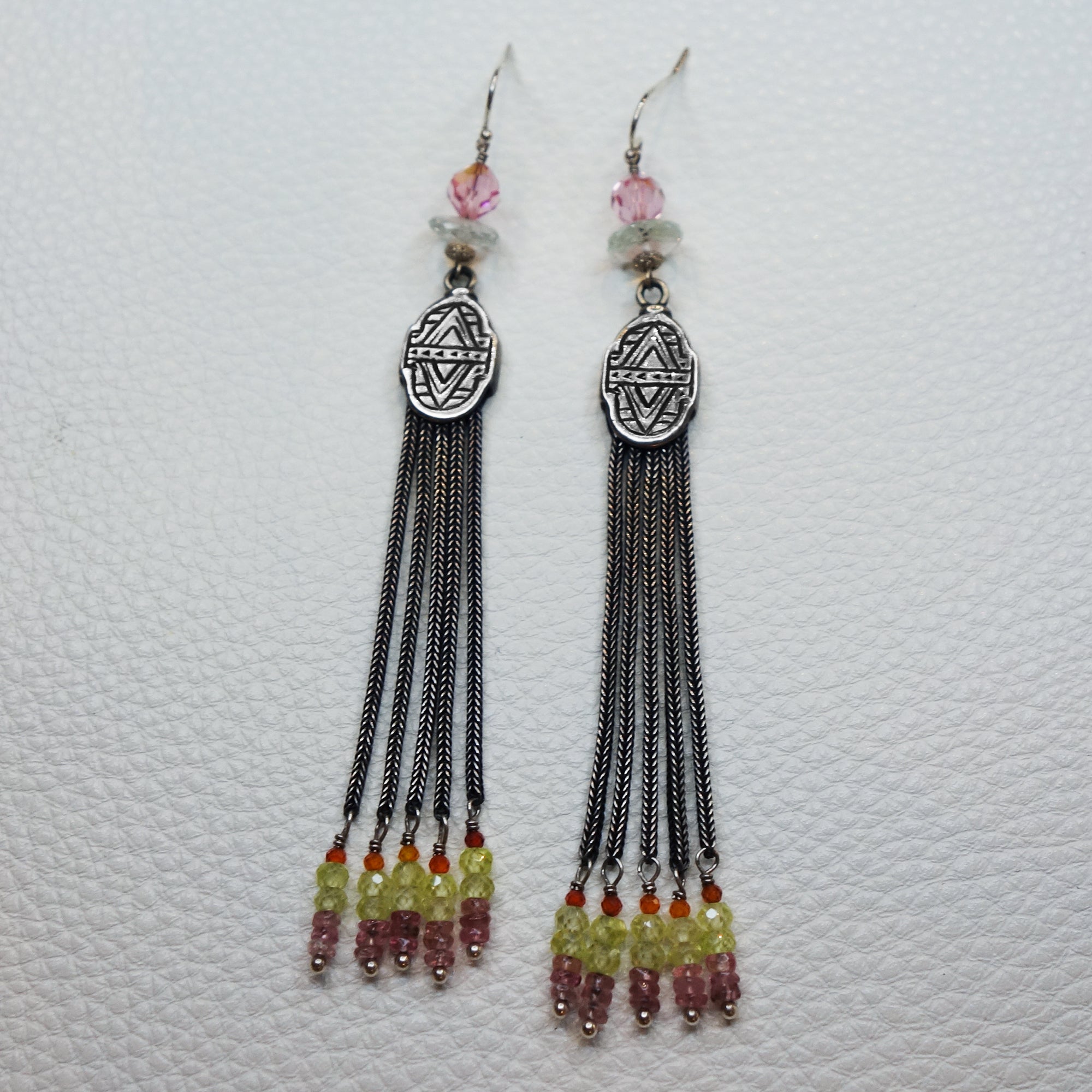 She Spoke in Rays of Sunshine: silver, sapphire, tourmaline earrings