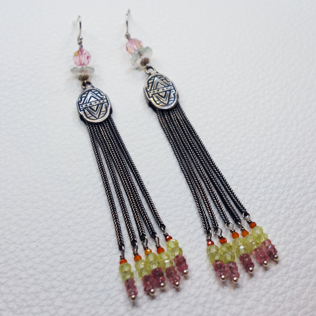 She Spoke in Rays of Sunshine: silver, sapphire, tourmaline earrings