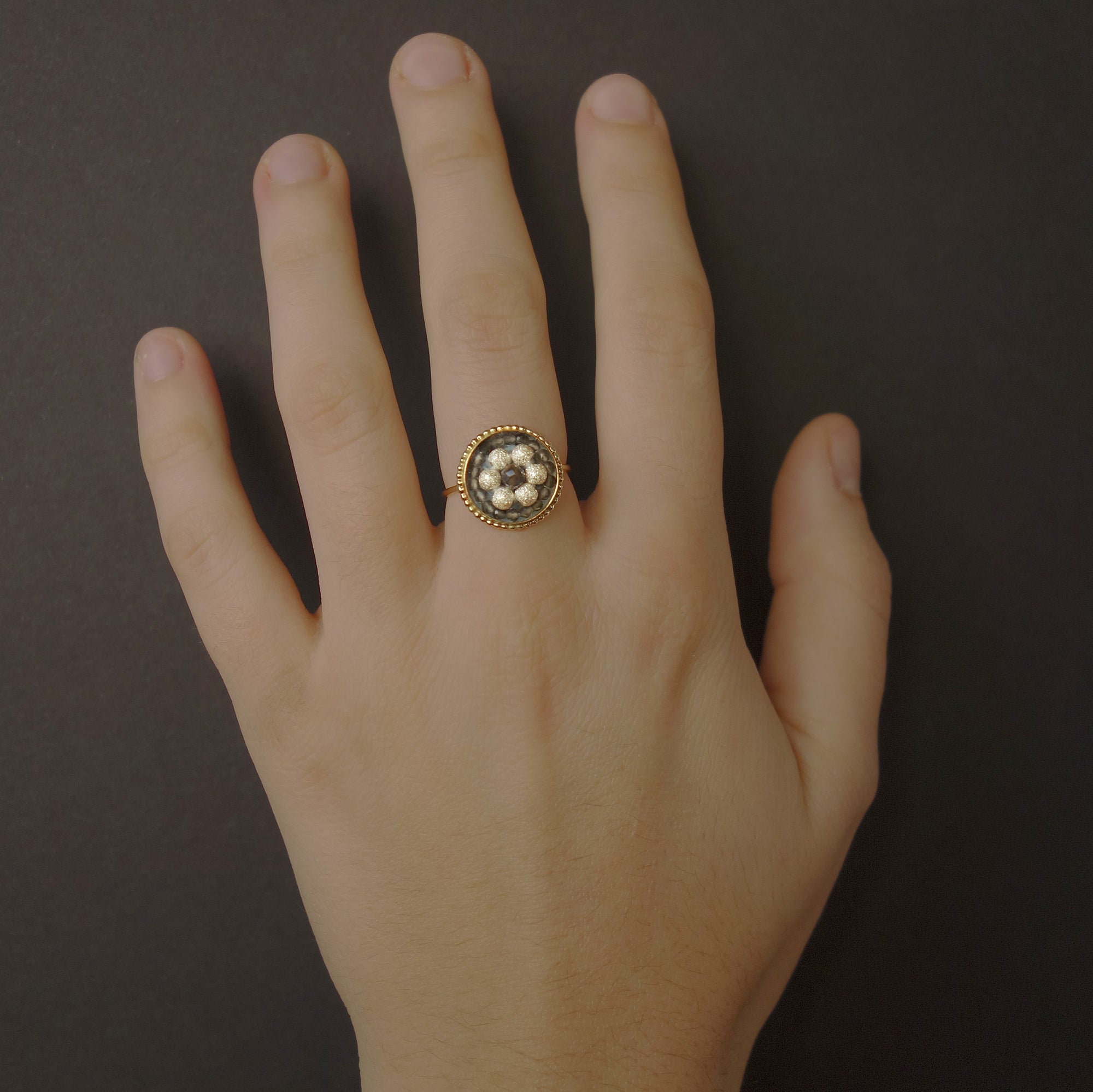 Good Trouble ring: labradorite, silver, and topaz in gold mosaic