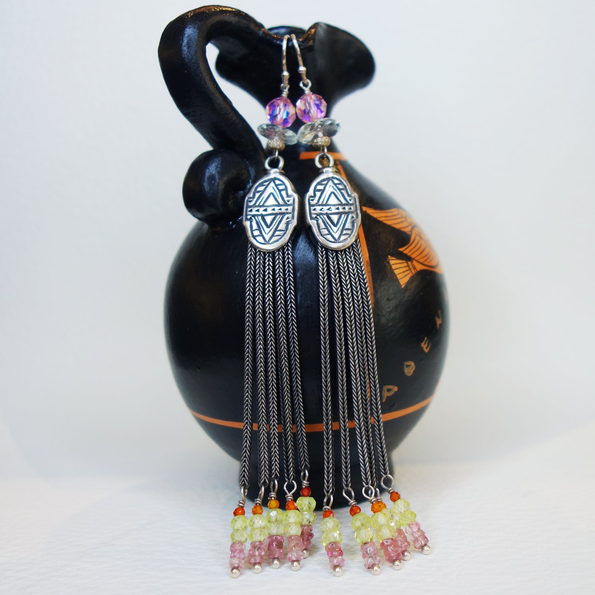 She Spoke in Rays of Sunshine: silver, sapphire, tourmaline earrings