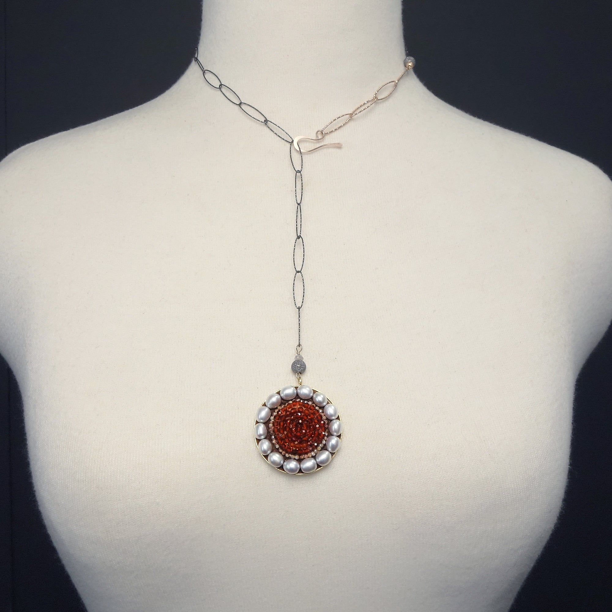 Light My Fire: carnelian, pearl, silver + rose gold necklace