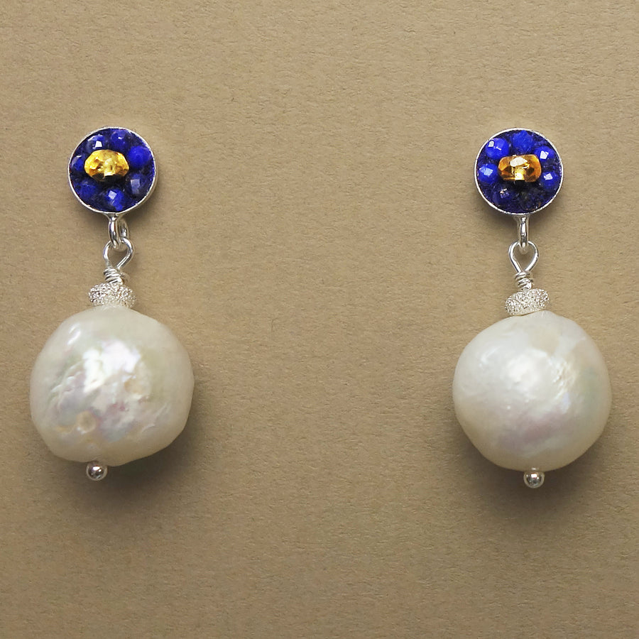 Lapis lazuli, yellow sapphire, pearl mosaic ear