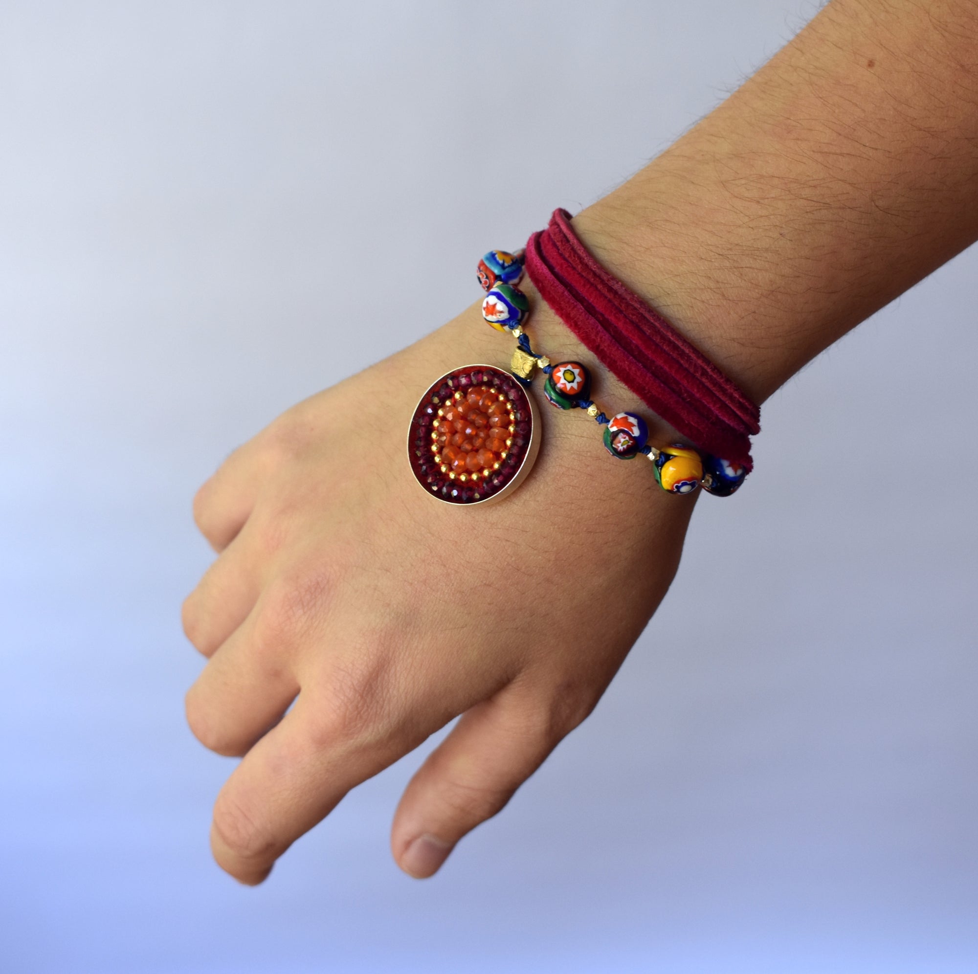 Wanderlust Murano Millefiori glass on leather with garnet and carnelian mosaic pendant (Murano)