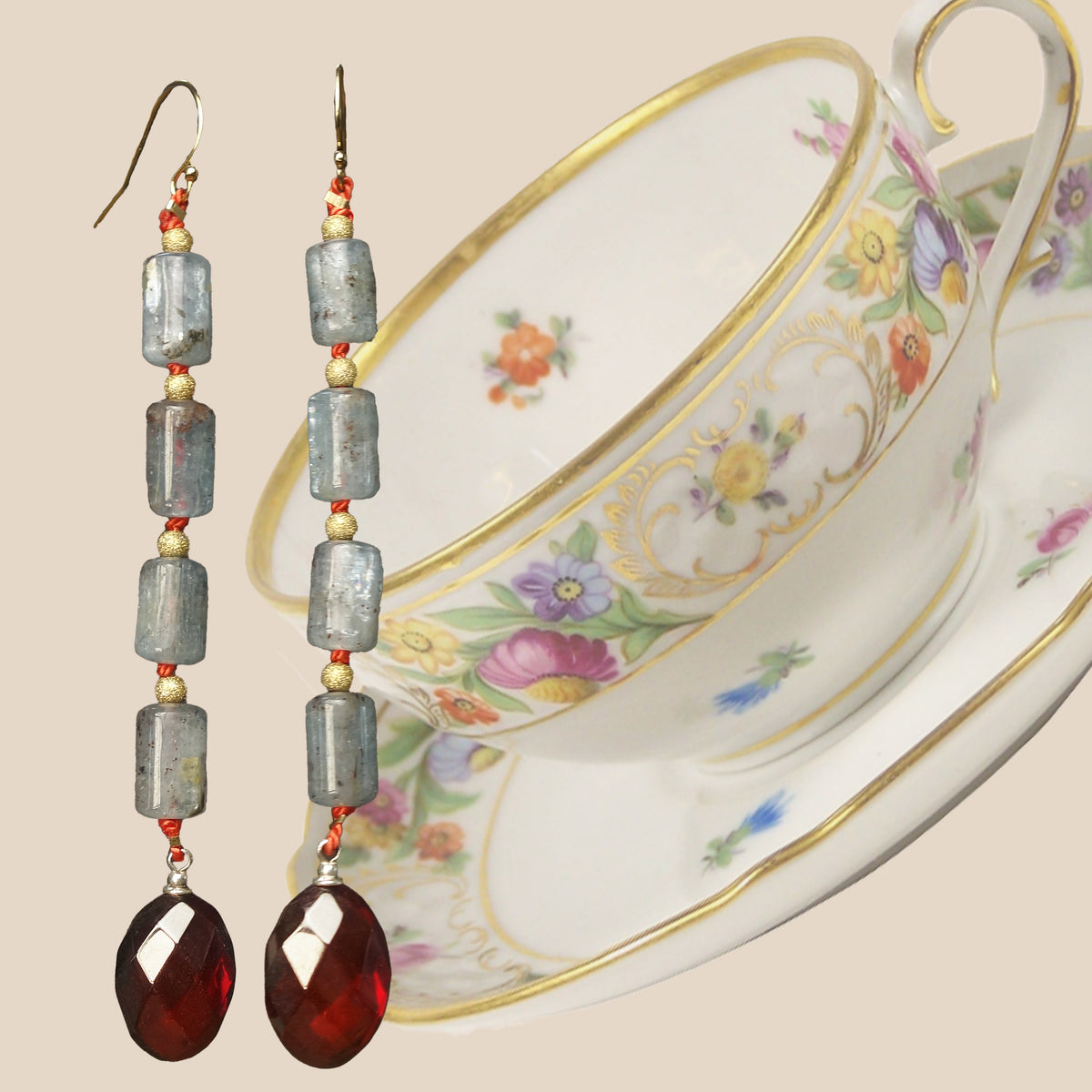Lovely Abundance: kyanite, gold, cherry amber earrings